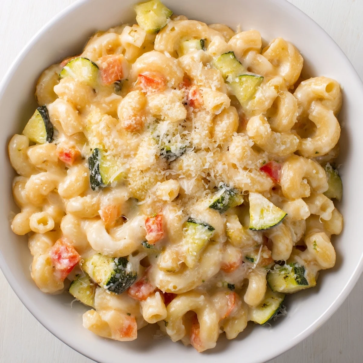 Golden roasted cherry tomatoes and red onion add vibrant color and caramelized flavor to a comforting bowl of homemade Roasted Veggie Mac & Cheese.