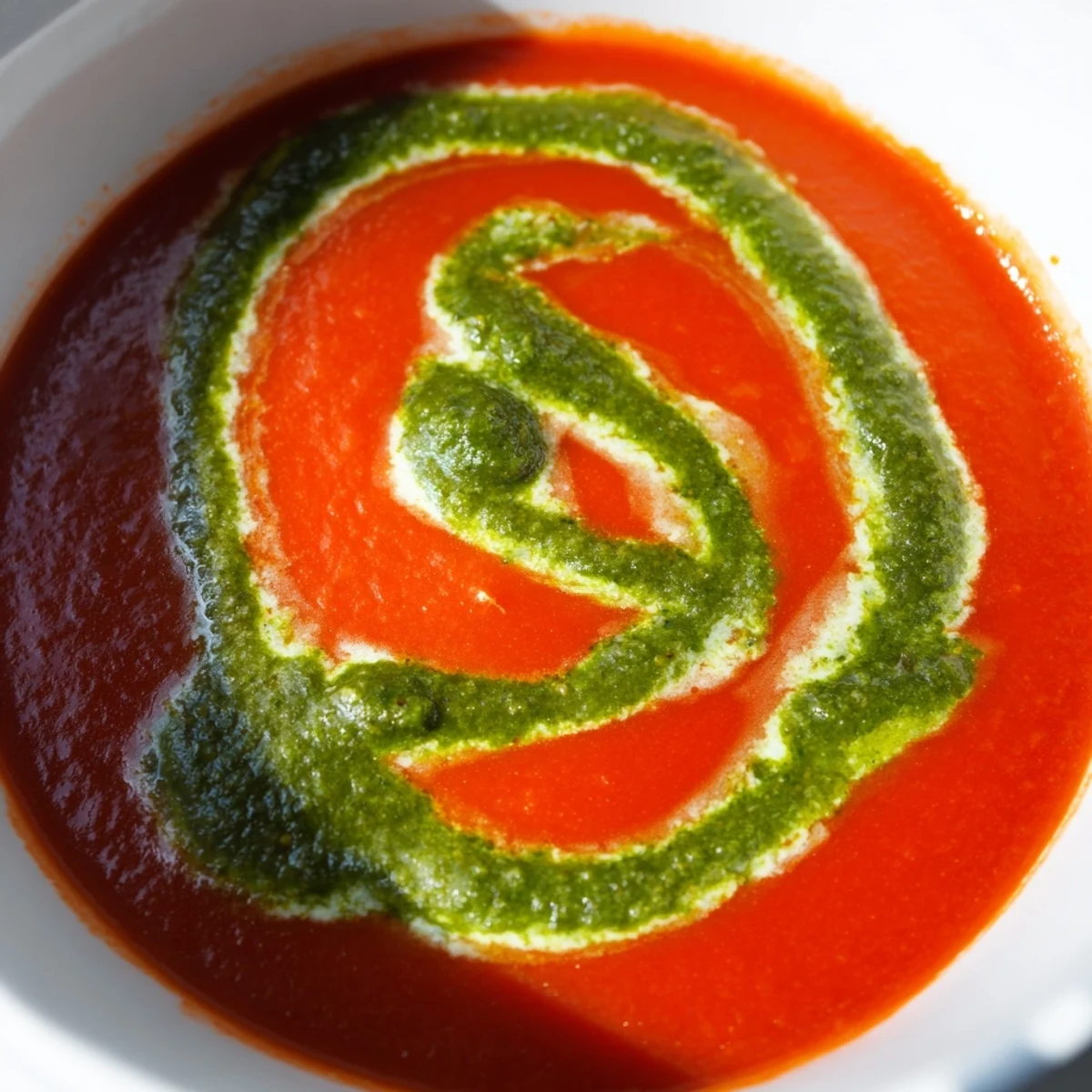 Creamy tomato soup with basil pesto swirl in a rustic bowl, topped with fresh basil leaves and served alongside grilled cheese.  