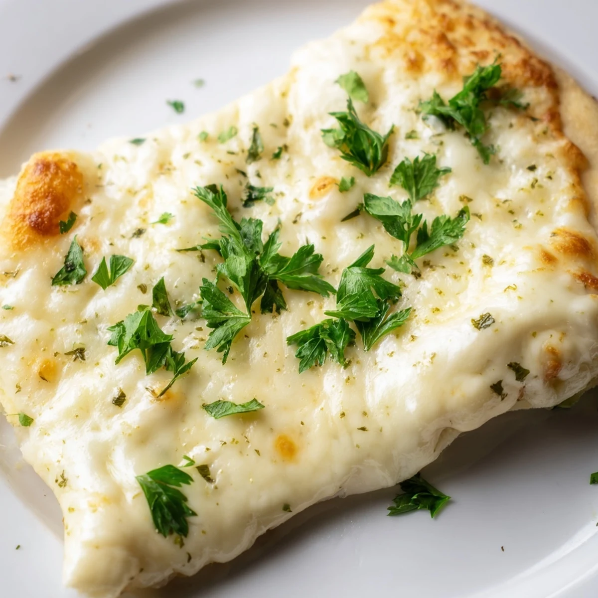 A close-up of Creamy Garlic White Pizza reveals melted mozzarella and a perfectly golden-brown crust ready to be served.