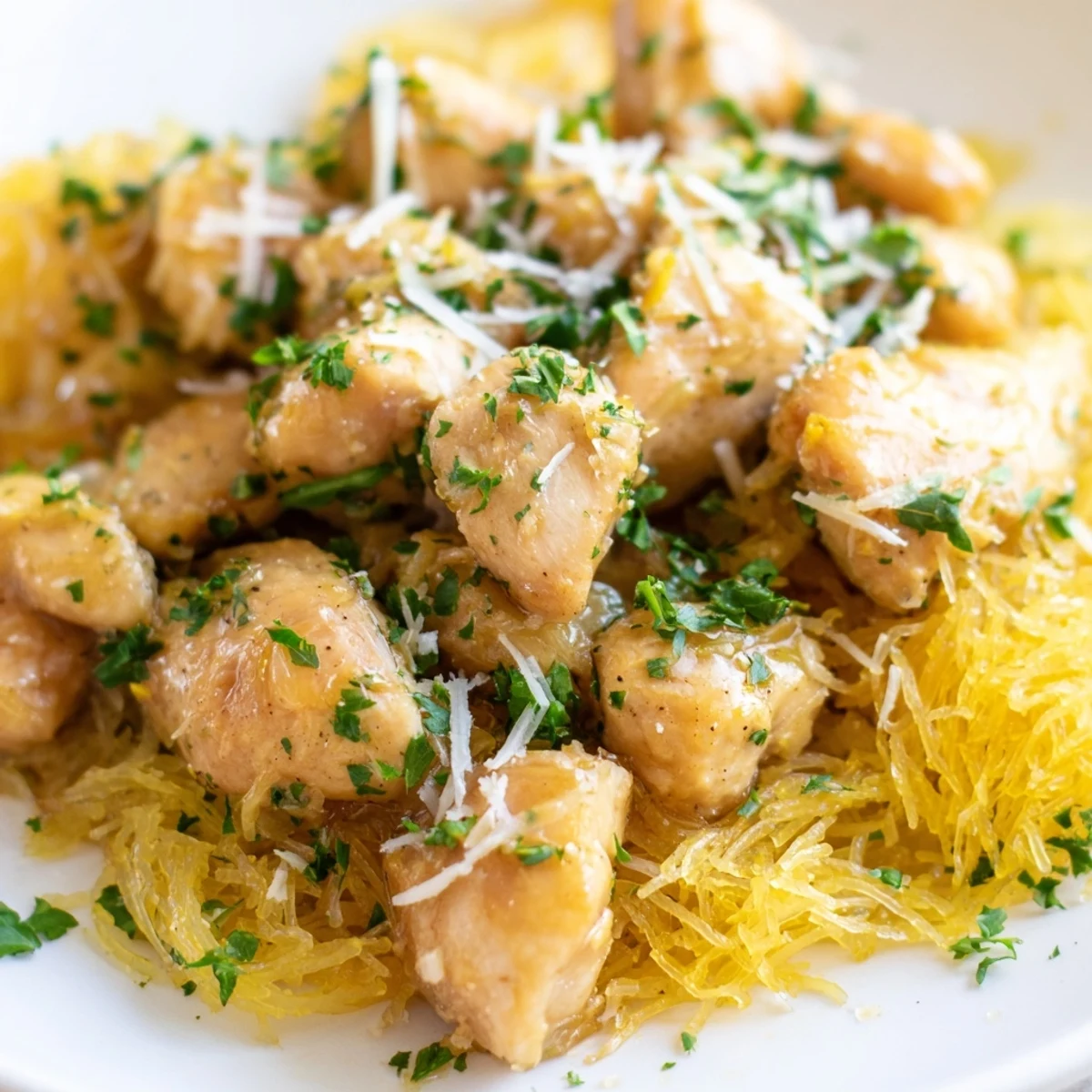 Roasted spaghetti squash strands topped with tender lemon garlic chicken and a sprinkle of Parmesan cheese, a vibrant and healthy gluten-free dinner.