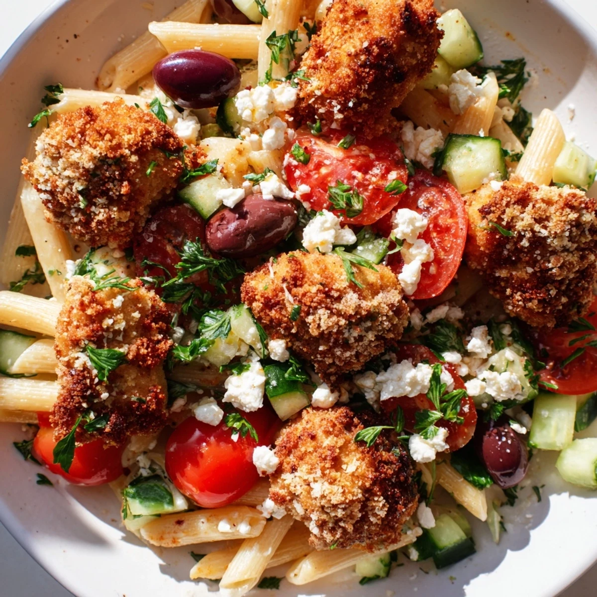 Serve this hearty Crispy Chicken Greek Pasta with a glass of chilled white wine and extra parsley garnish for a perfect weeknight dinner.