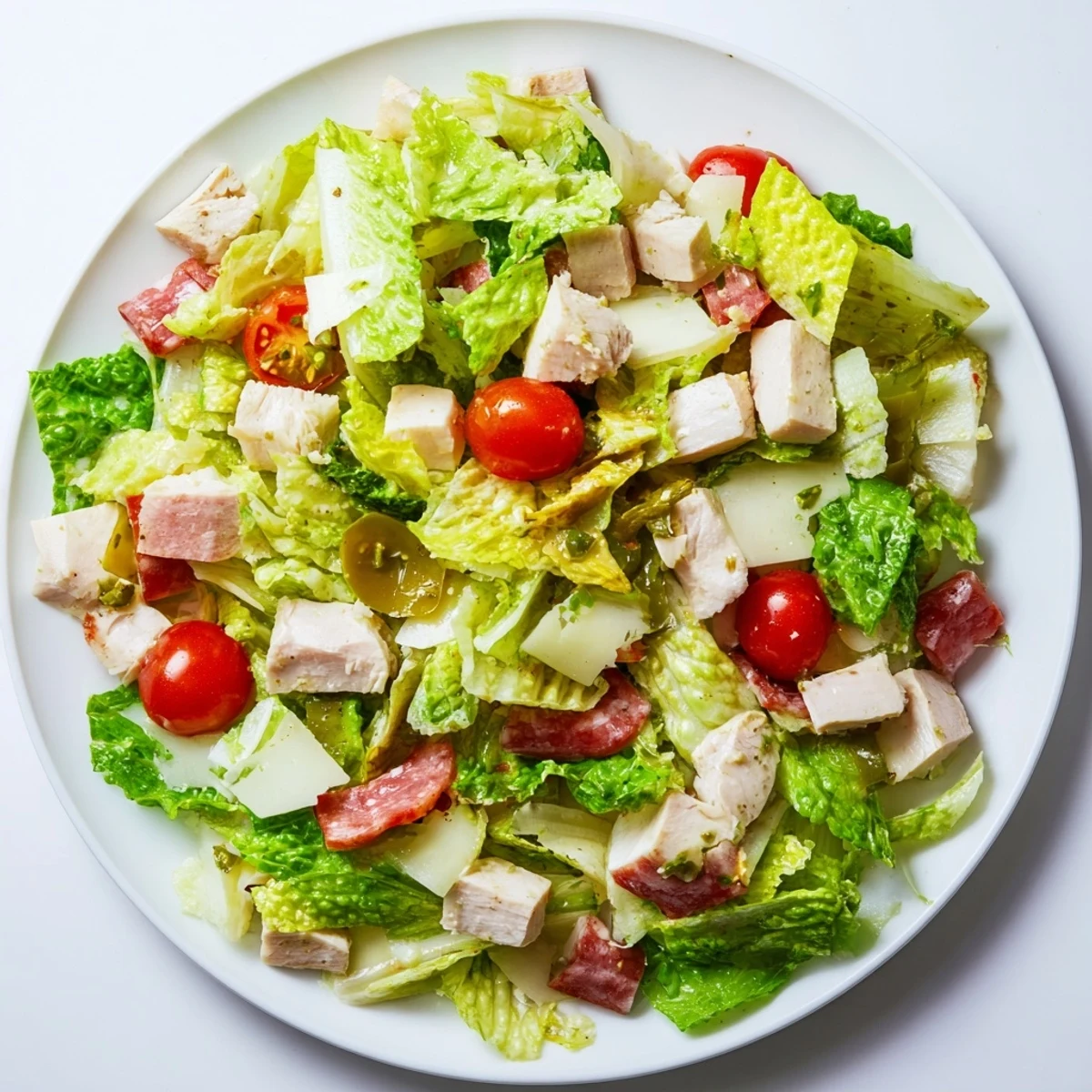 The freshly tossed Italian Deli Chopped Chicken Salad showcases crisp vegetables, savory cured meats, and a bright red wine vinaigrette in a rustic bowl.