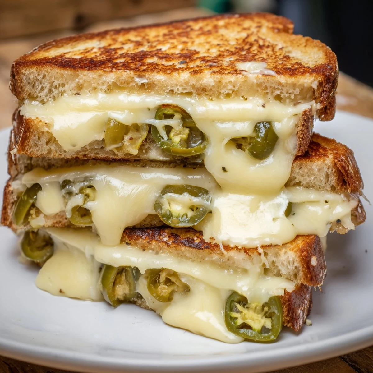 Golden-brown sourdough grilled cheese sandwiches filled with melted pepper jack cheese and chopped pickled jalapeños on a rustic wooden board.  