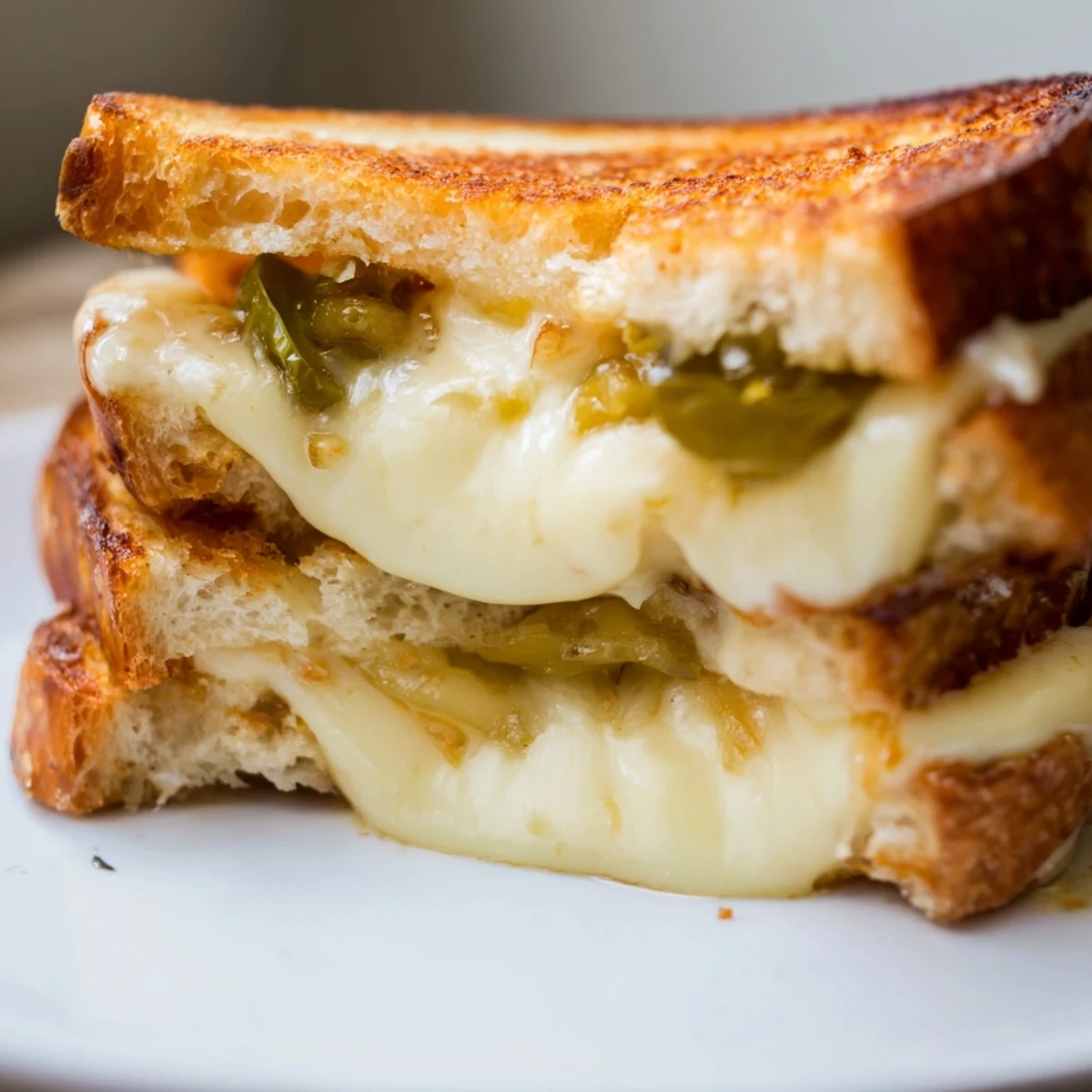 Two halves of a Jalapeño Pepper Jack Grilled Cheese resting beside a bowl of creamy tomato soup, ready for dipping.
