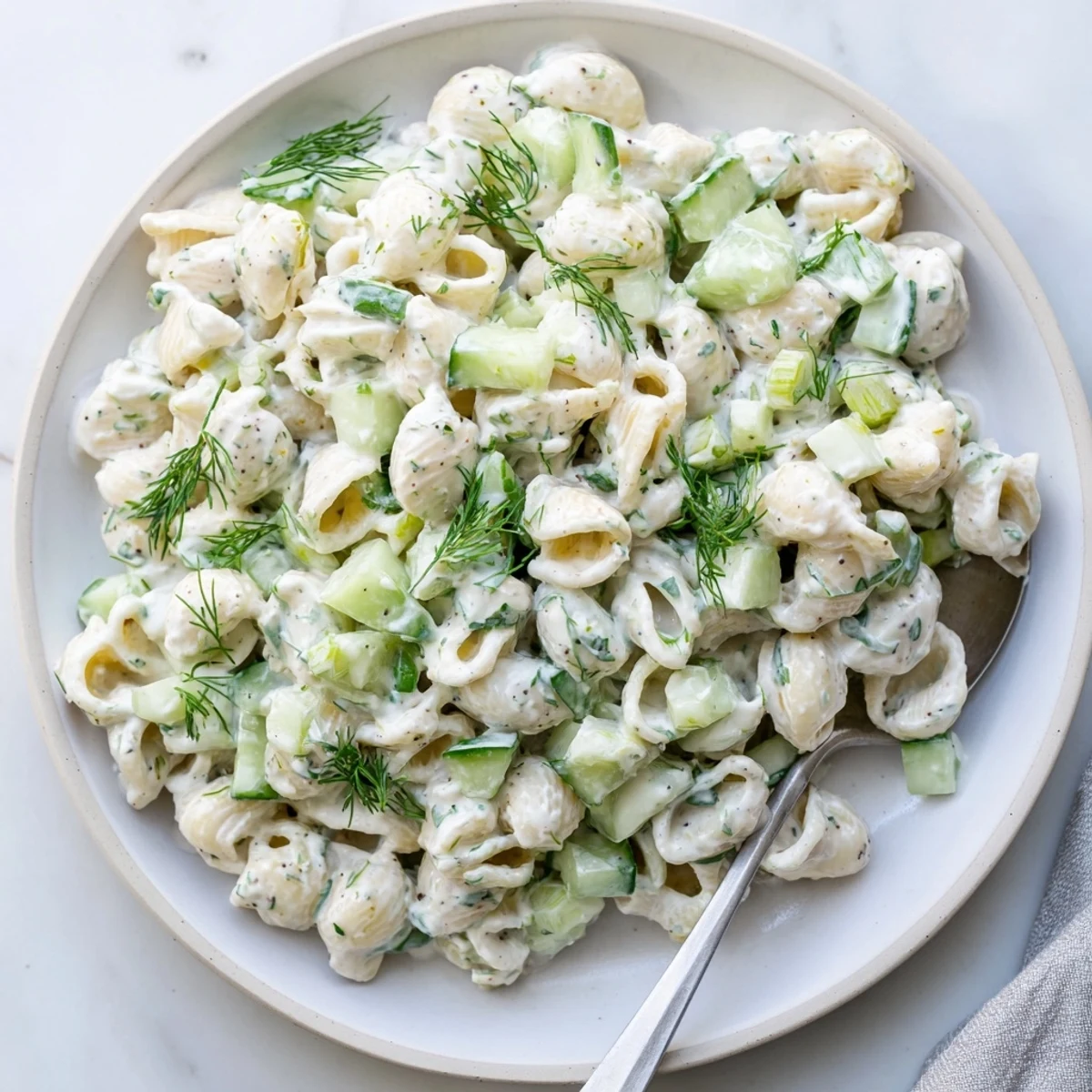A close-up of creamy Cucumber Crunch Pasta Salad in a white bowl, featuring tender shells, diced cucumber, green onions, and a sprinkle of everything bagel seasoning.