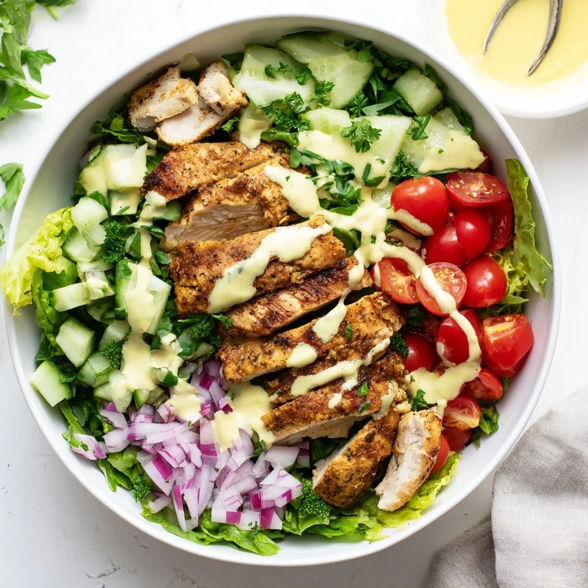 Freshly sliced Chicken Shawarma Salad Bowl garnished with parsley and red onion, served in a rustic bowl for a healthy lunch or dinner.