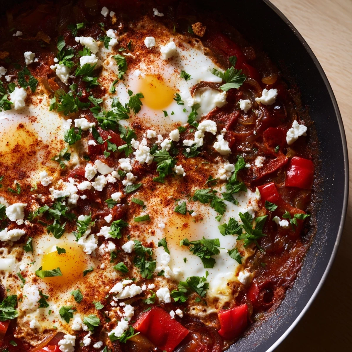 A close-up of shakshuka with poached eggs nestled in a vibrant, spiced tomato and pepper sauce, garnished with fresh parsley and crumbled feta.  