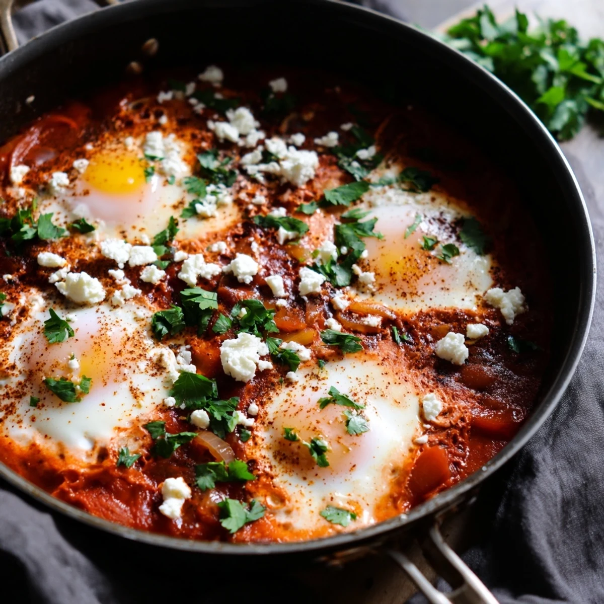 Shakshuka, a savory breakfast dish, featuring simmered eggs in a rich, aromatic tomato sauce, ready to enjoy warm.