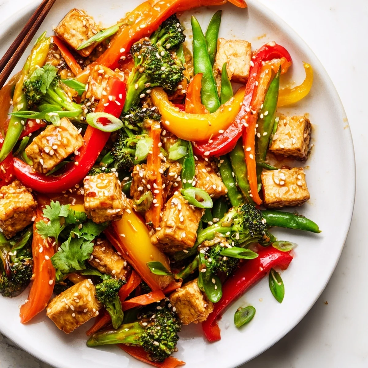A vibrant bowl of Vegetable Tempeh Stir-Fry, featuring golden tempeh cubes and crisp, colorful veggies tossed in a glossy, savory sauce.