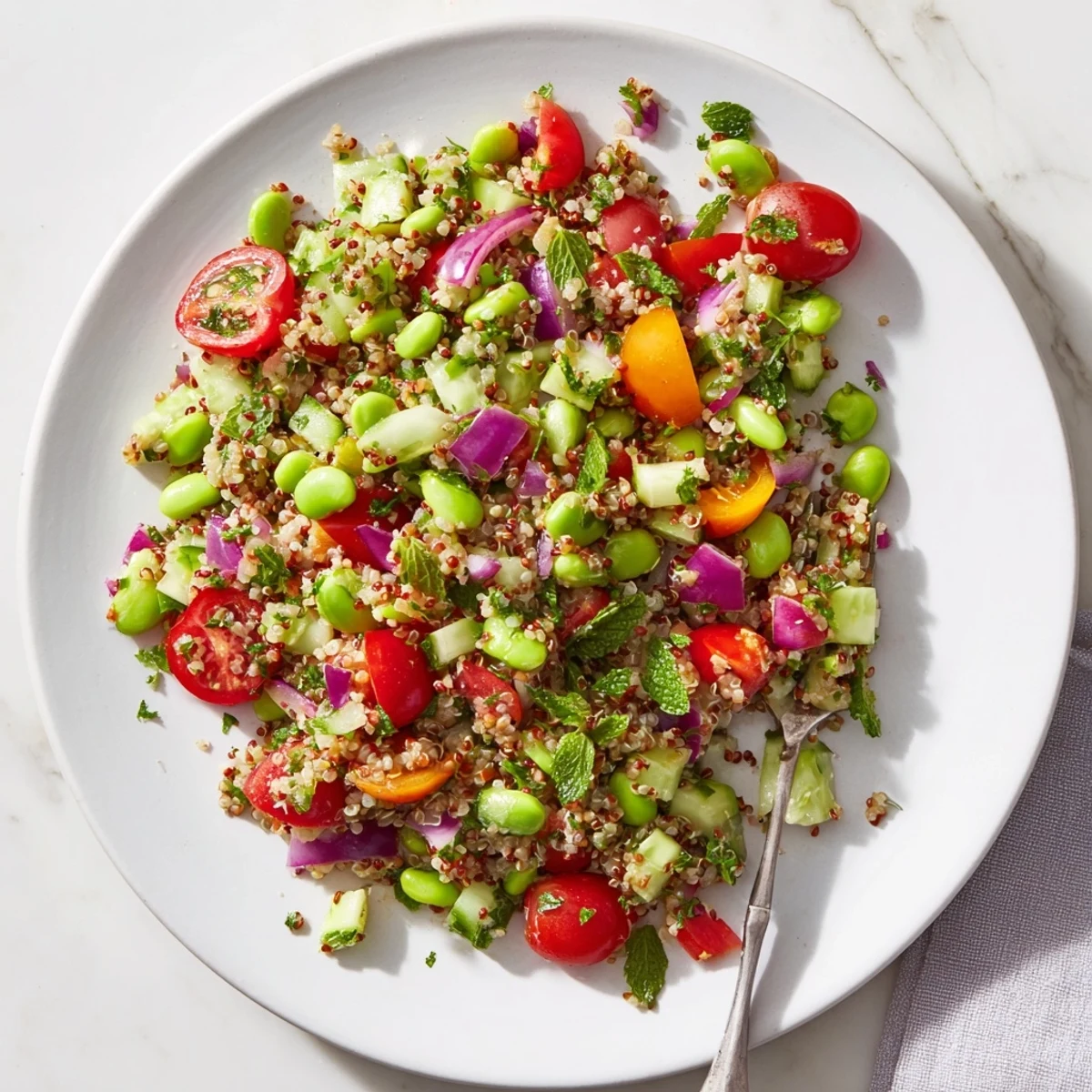 Vibrant Edamame and Quinoa Salad bursting with fresh vegetables and citrus dressing.