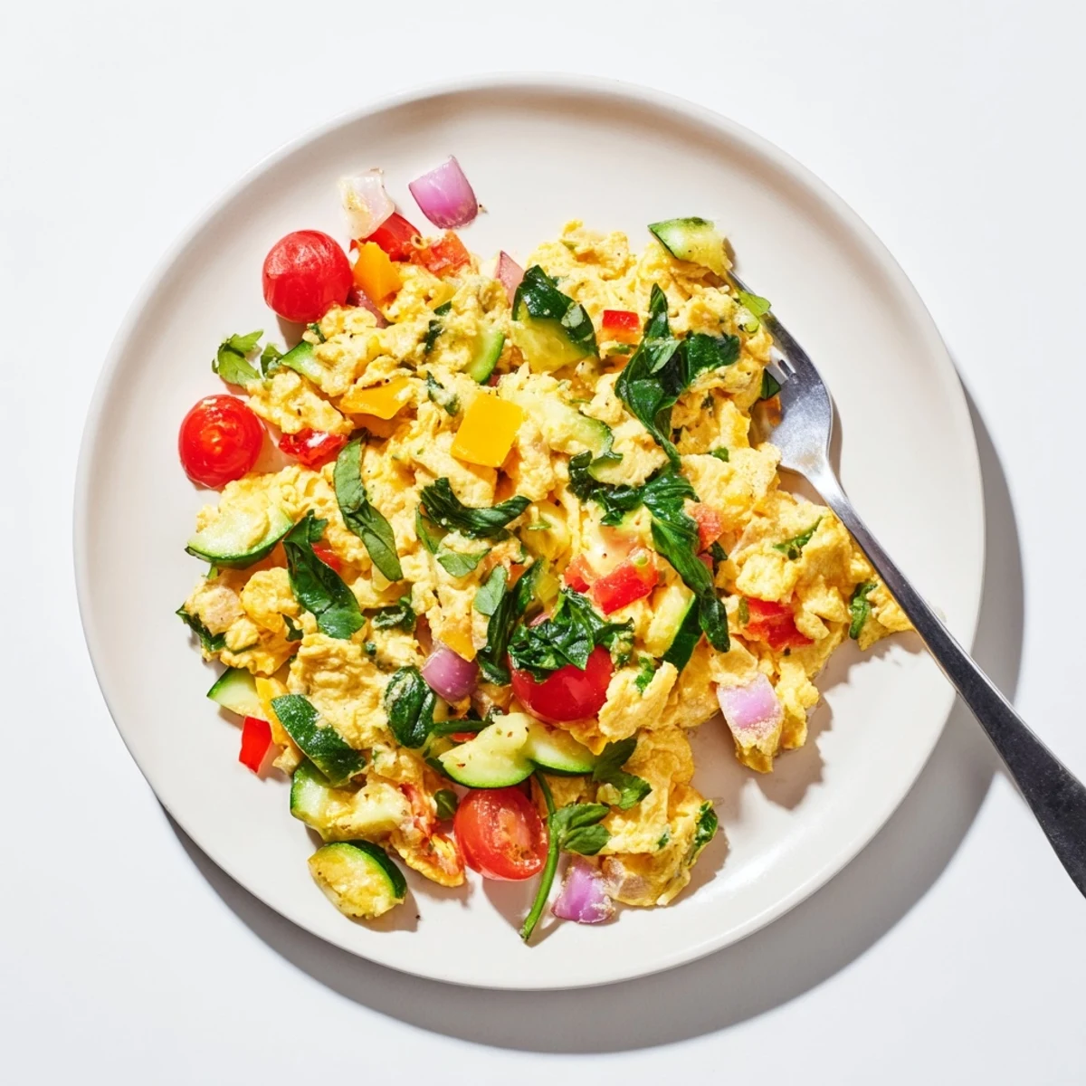 A fluffy egg and vegetable scramble with vibrant spinach, bell peppers, and cherry tomatoes in a skillet.