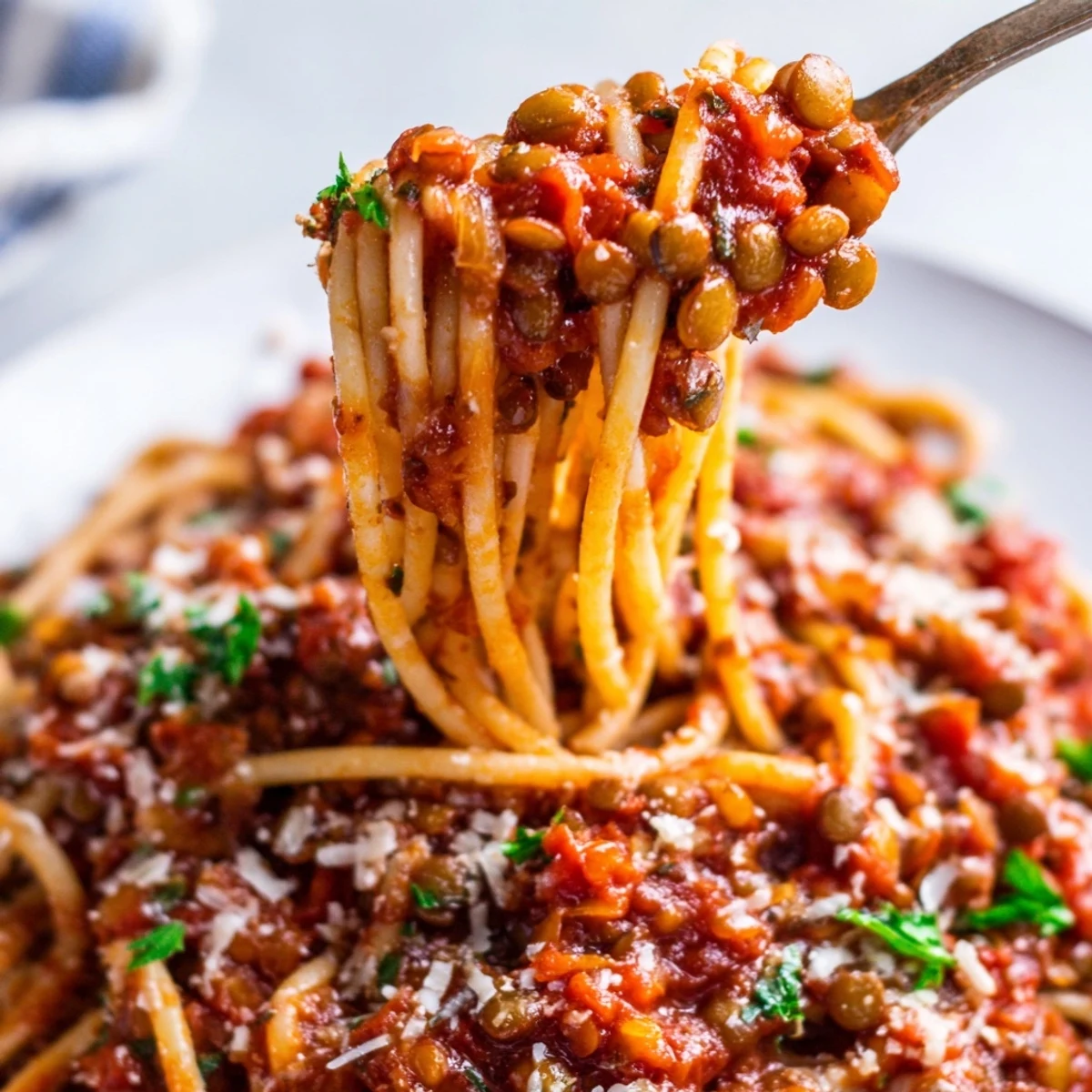 A serving of Lentil Bolognese twirled on a fork, showcasing the rich, meatless tomato sauce.