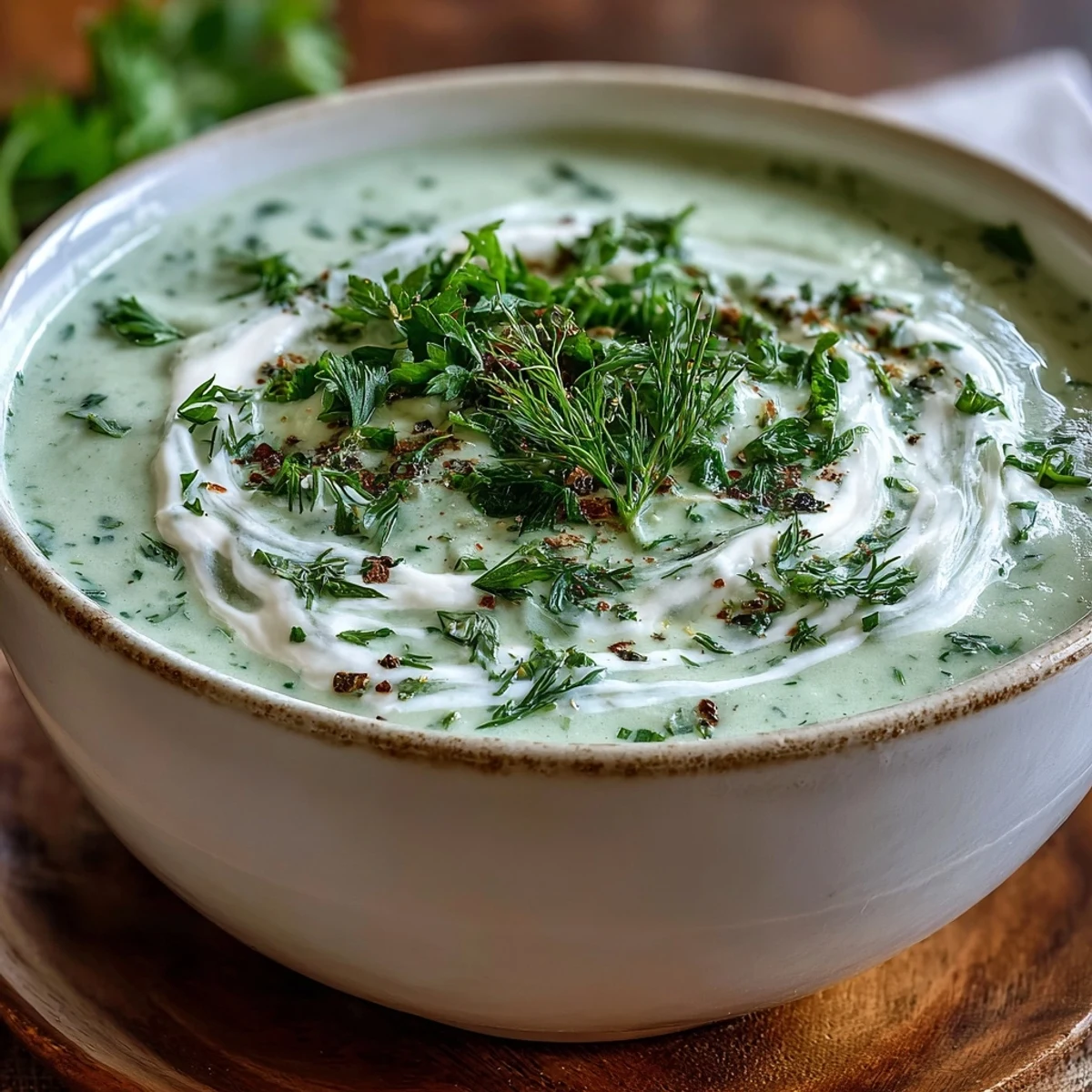 Creamy Celery and Herb Soup in a white bowl, garnished with fresh parsley and chives, beside a slice of crusty bread. 