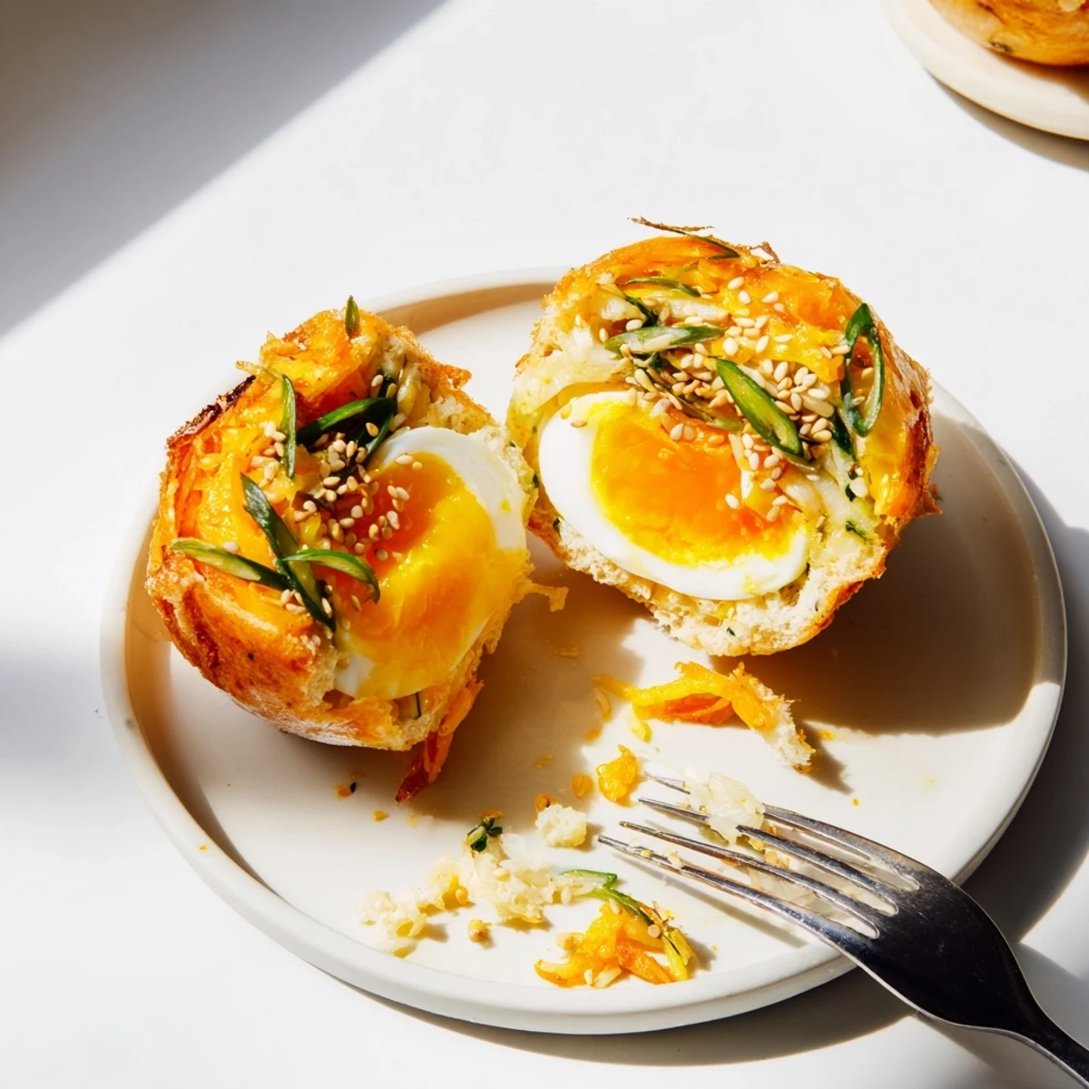 Fluffy breakfast muffins stuffed with marinated ramen eggs for a fusion twist.  