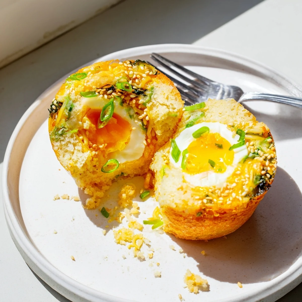 Golden muffins bursting with umami flavors and soft-boiled ramen eggs inside.