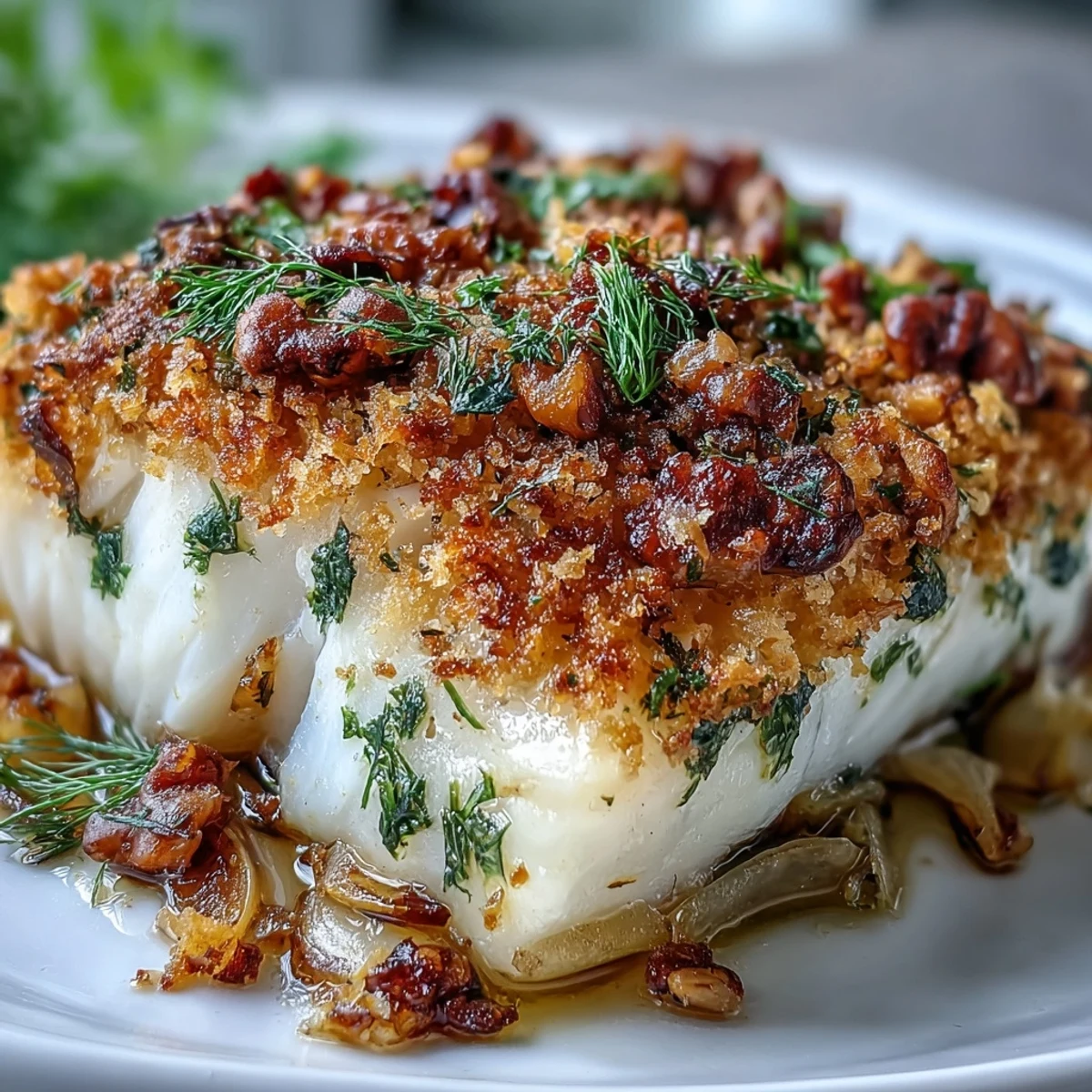 Golden-baked halibut fillets topped with a crunchy lemon-walnut pangrattato, served alongside tender roasted fennel.