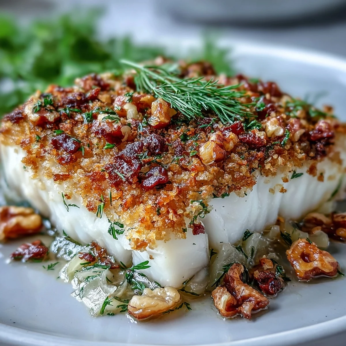 A close-up of baked halibut with golden pangrattato and fennel, plated with a fresh green salad.
