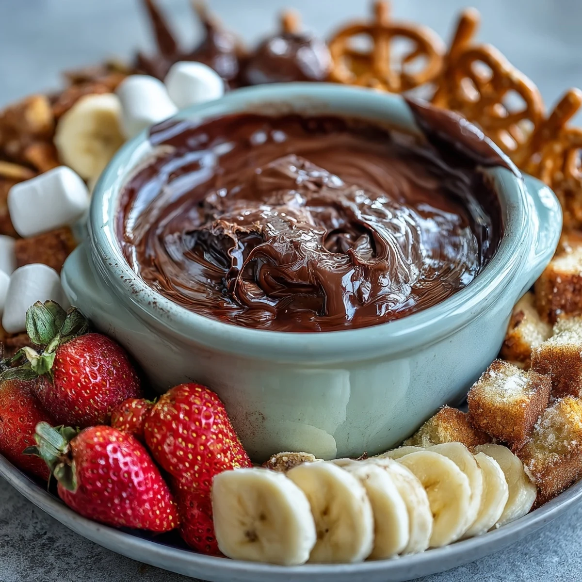 Creamy Boozy Chocolate Fondue with strawberries, pound cake, and pretzels for dipping on a rustic platter.