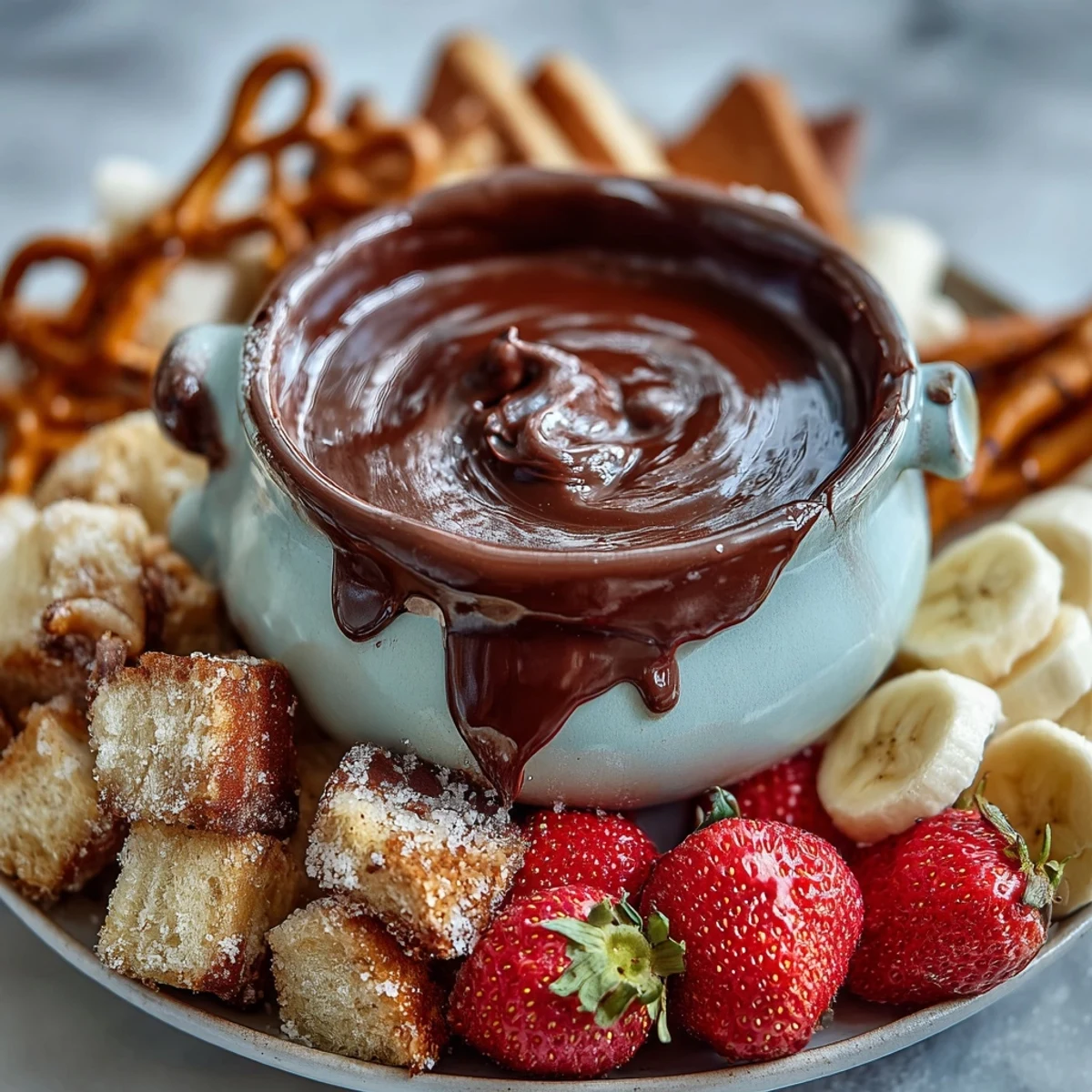Steam rises from warm Boozy Chocolate Fondue as guests dip marshmallows, apple wedges, and banana slices.