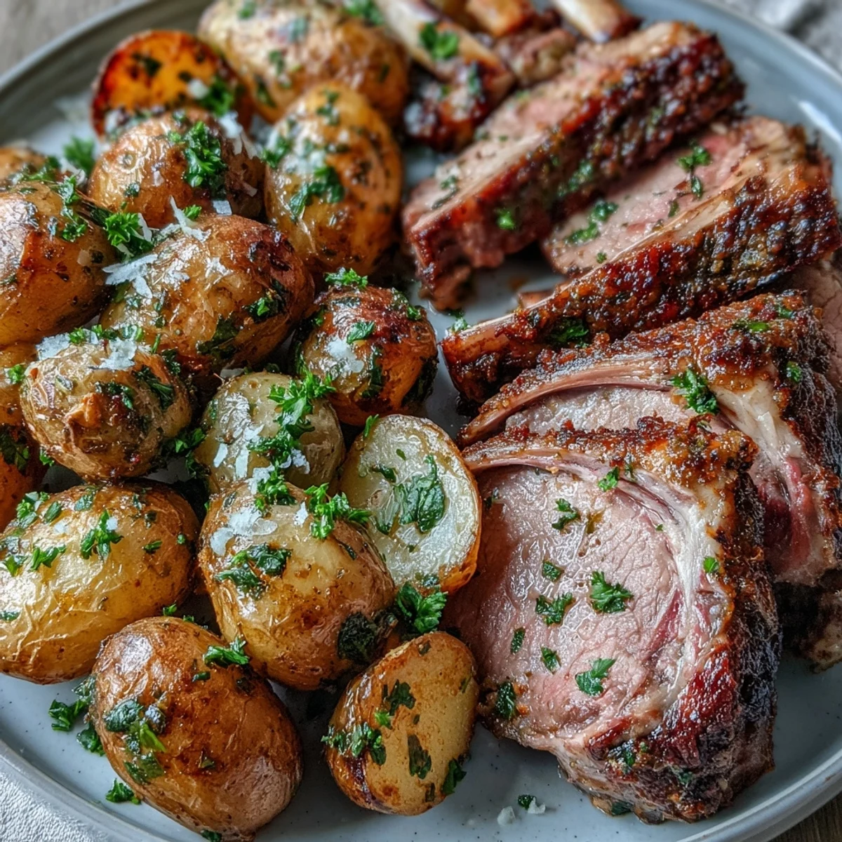 Rustic one-pan dinner for two: succulent lamb with rosemary and crispy baby potatoes topped with bright green olive and lemon zest garnish.