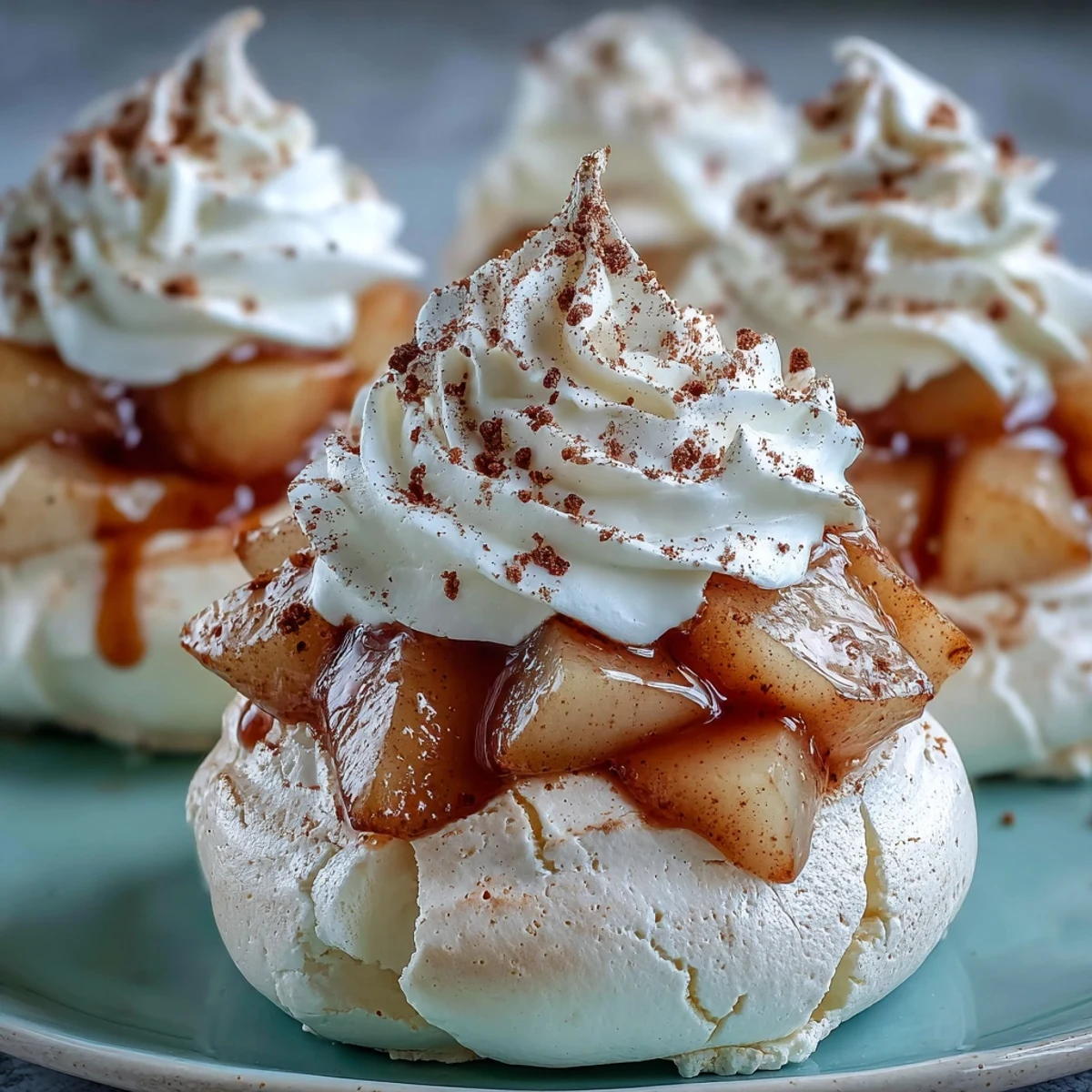 Golden Mini Hot Toddy Pavlovas topped with whipped cream and whisky-poached pears on a rustic plate.