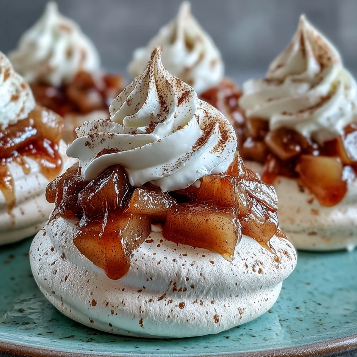 Elegant Mini Hot Toddy Pavlovas garnished with cinnamon and served with tea for a cozy treat.