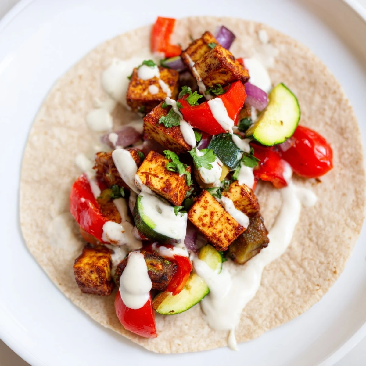 Colorful vegan viral recipe re-make showcasing crispy tofu and fresh herbs on a plate.