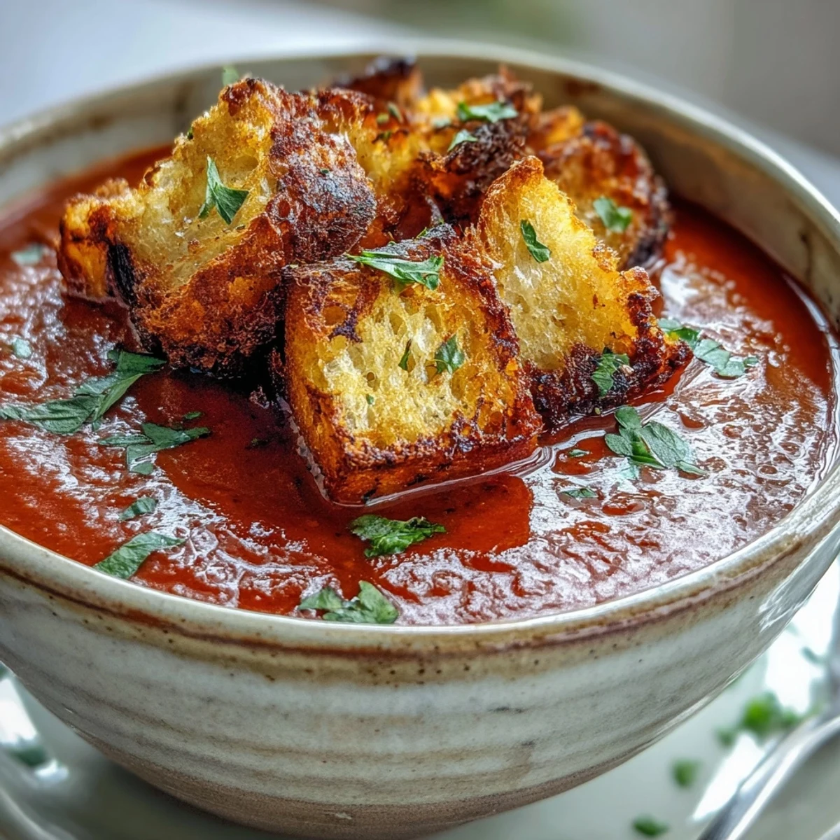 Silky roasted red pepper soup with golden, crunchy croutons, served steaming in a rustic white bowl.