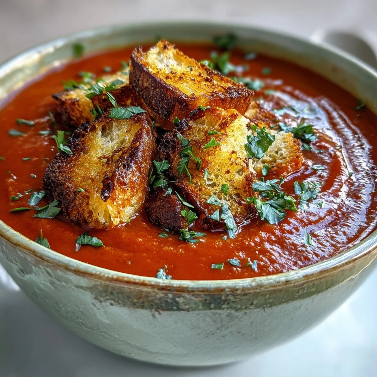 Roasted red pepper soup topped with herb-seasoned, crispy croutons on a wooden table, ready to enjoy.