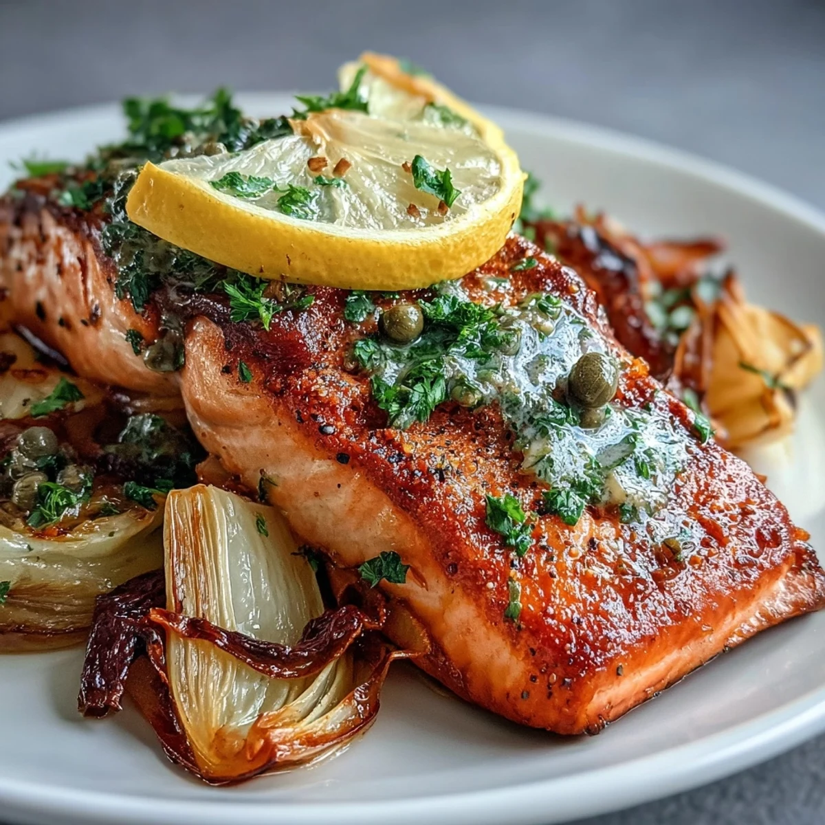 Golden-brown roasted leeks and onions surround perfectly cooked salmon fillets topped with lemon slices, drizzled with vibrant green parsley dressing.