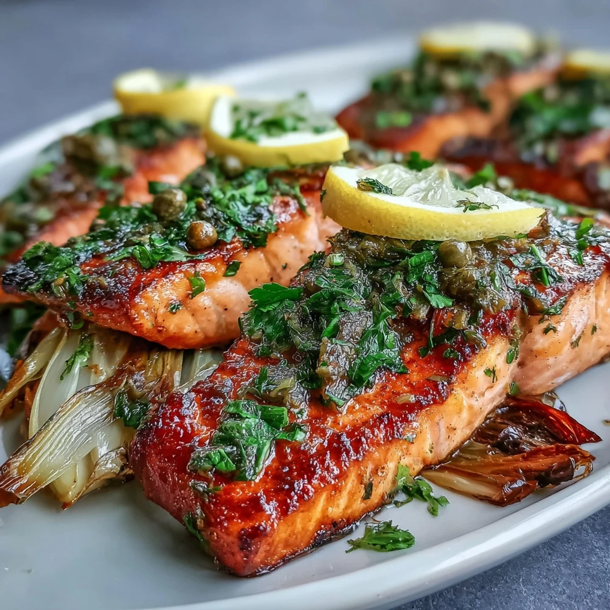 Close-up of One-Pan Roast Salmon With Leeks, Onions, and Parsley Dressing, highlighting the glistening citrus slices and fresh herbs.