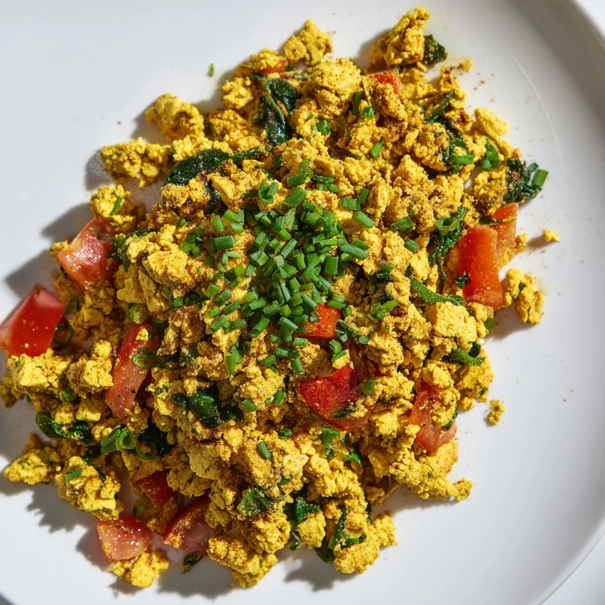 Fluffy golden tofu scramble with sautéed onions, bell peppers, spinach, and tomatoes served on a rustic plate, garnished with fresh chives.