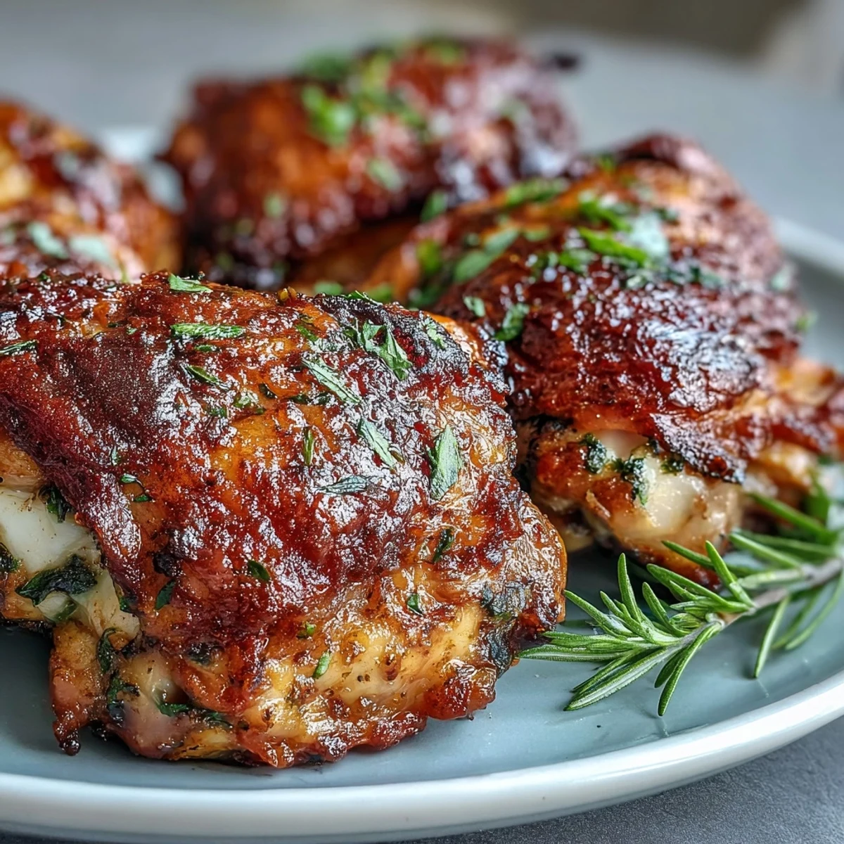 Crispy baked bone-in chicken thighs showcase golden, crackling skin and juicy dark meat, garnished with fresh parsley and lemon wedges.