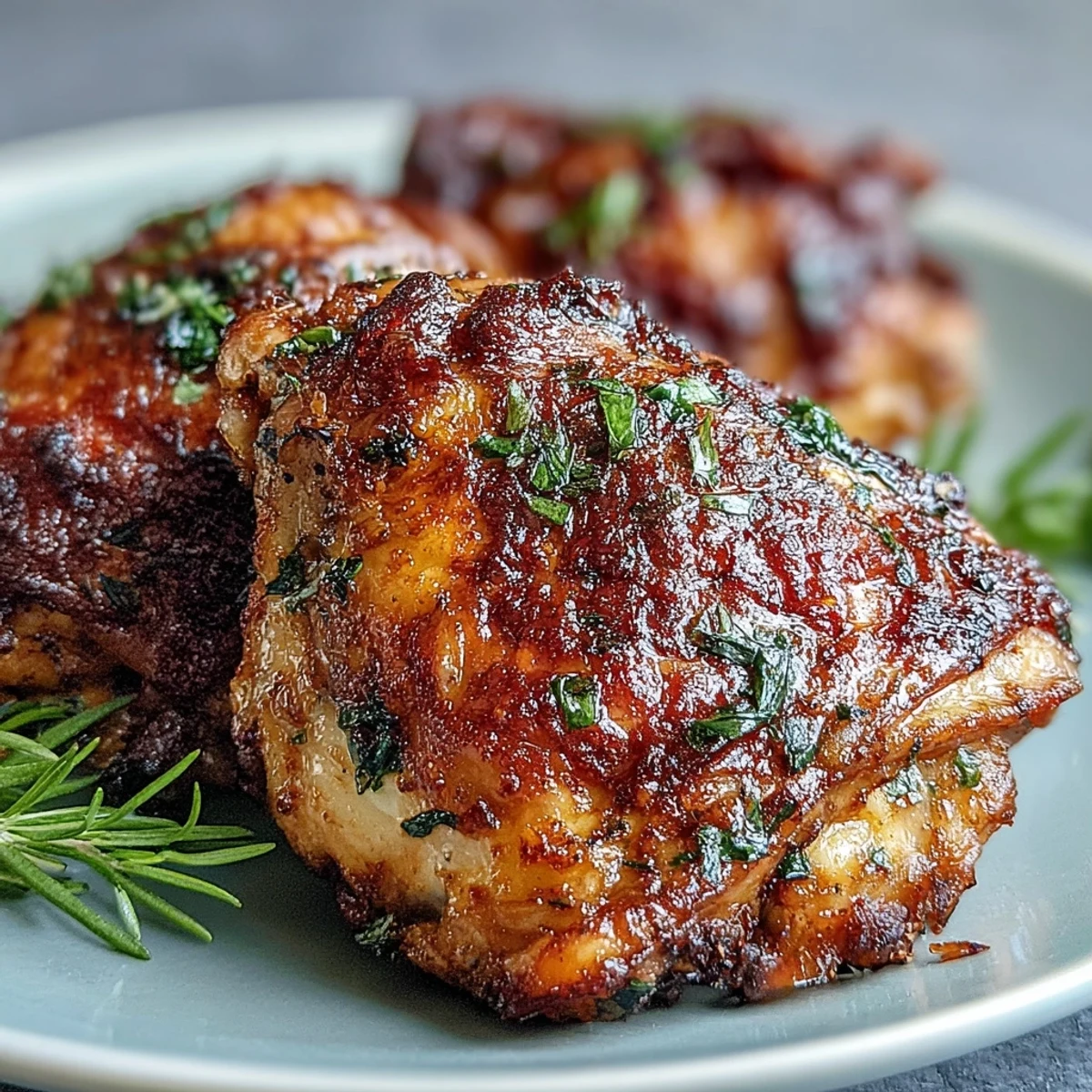 A close-up of perfectly baked chicken thighs reveals smoky paprika seasoning and succulent meat resting on a wire rack.