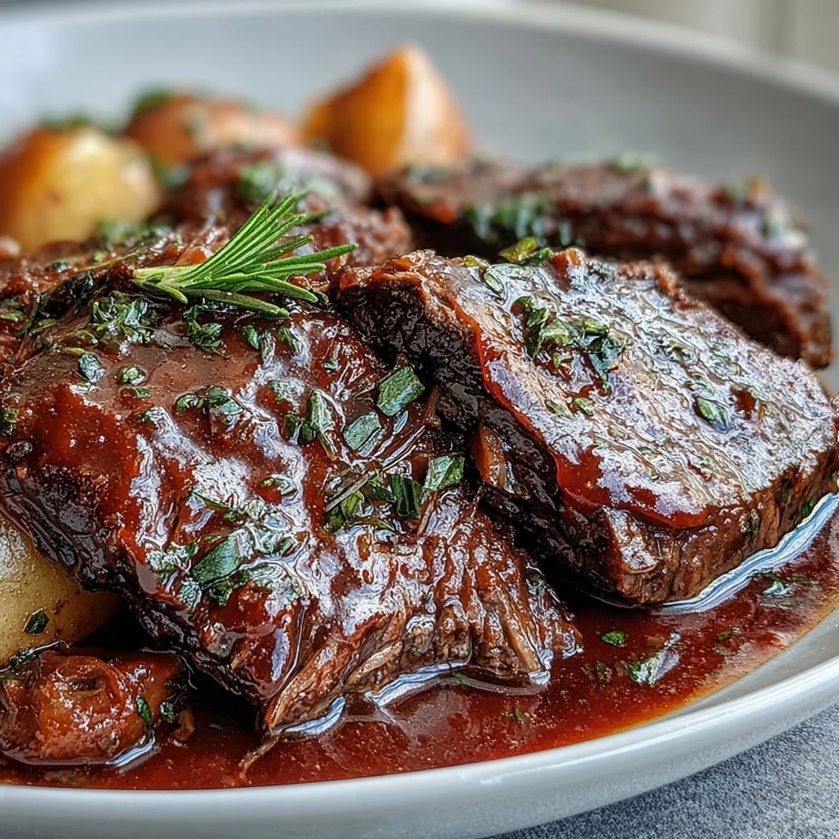 In the Dutch oven, a golden-brown beef pot roast sits nestled among tender vegetables, with a rich, glossy red wine gravy pooling around them.