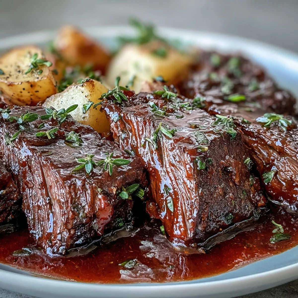 A rustic platter holds shredded beef pot roast beside roasted carrots, celery, and potatoes, garnished with fresh parsley and ready to be served over creamy mashed potatoes.