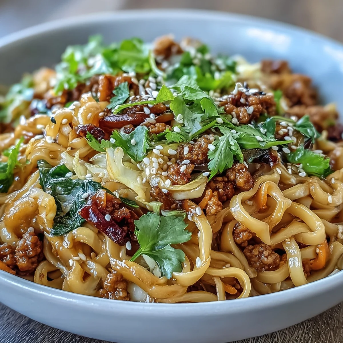 Steaming potsticker noodle bowls feature tender rice noodles tossed with browned pork, crisp vegetables, and savory sauce.