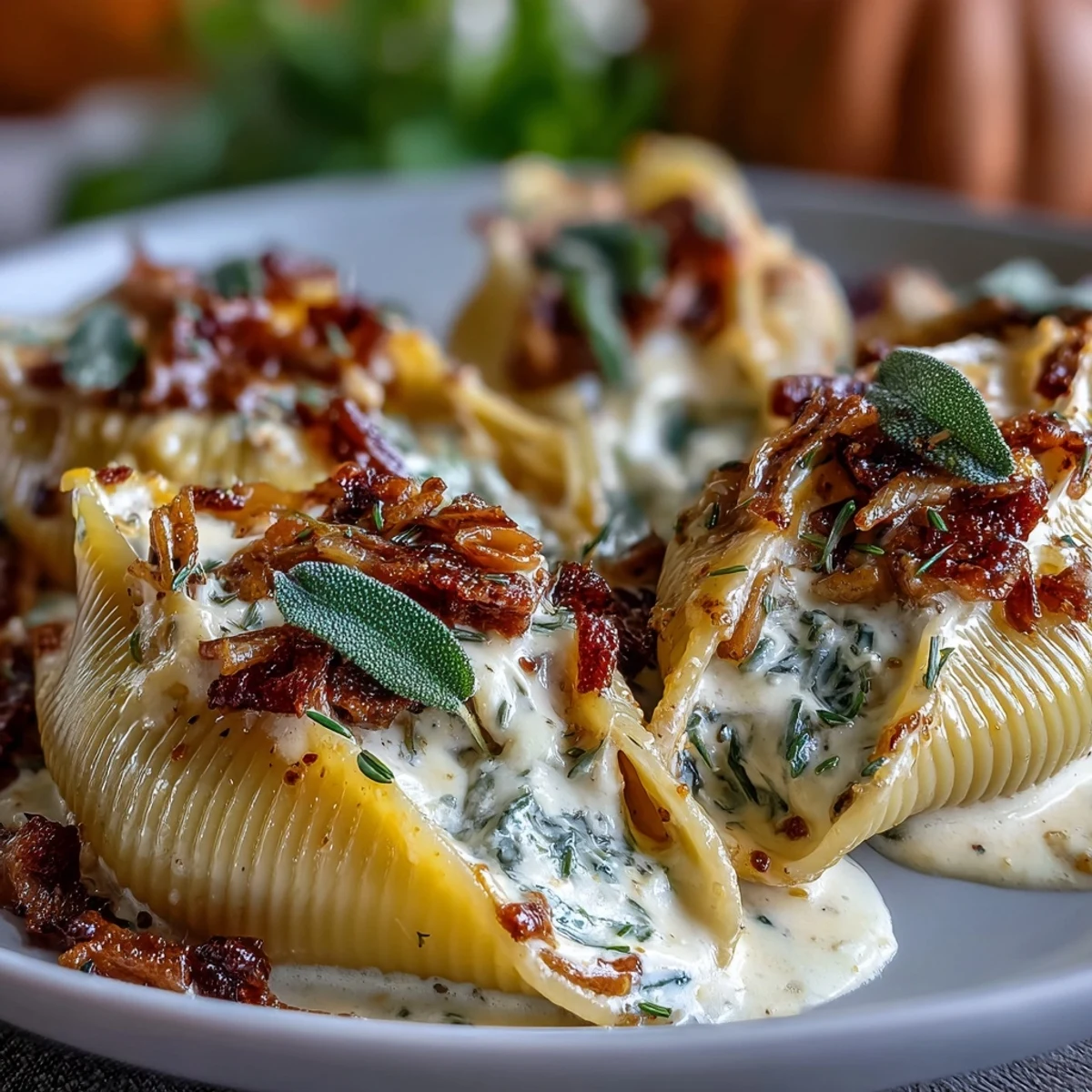 Pumpkin & Gouda Stuffed Shells topped with melted cheese and crispy sage, served straight from the baking dish.