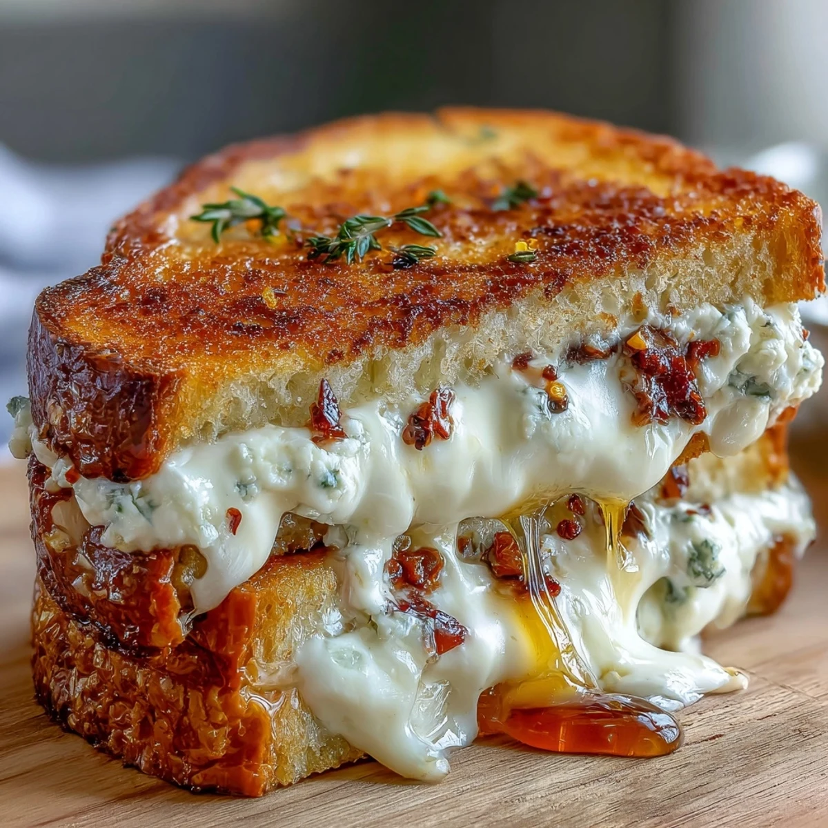 Toasted sourdough sandwich stuffed with creamy goat cheese, honey drizzle, and spicy chili flakes.