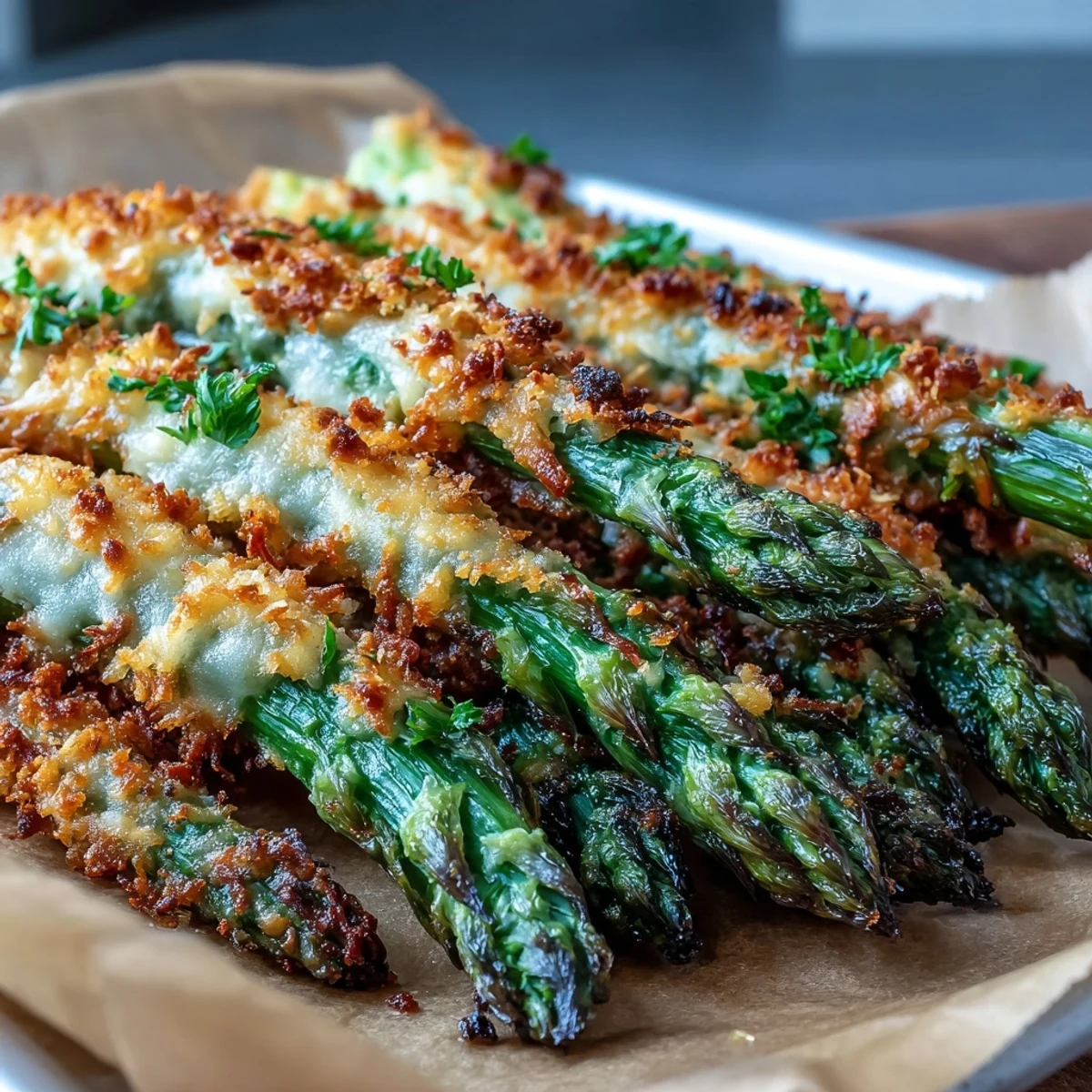Golden, crunchy Crispy Asparagus Asiago Spears served hot as an appetizer, garnished with fresh parsley and red pepper flakes.