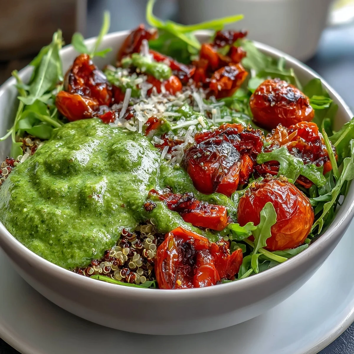 A vibrant Arugula Pesto Bowl with roasted zucchini, cherry tomatoes, and fluffy quinoa topped with shaved Parmesan.