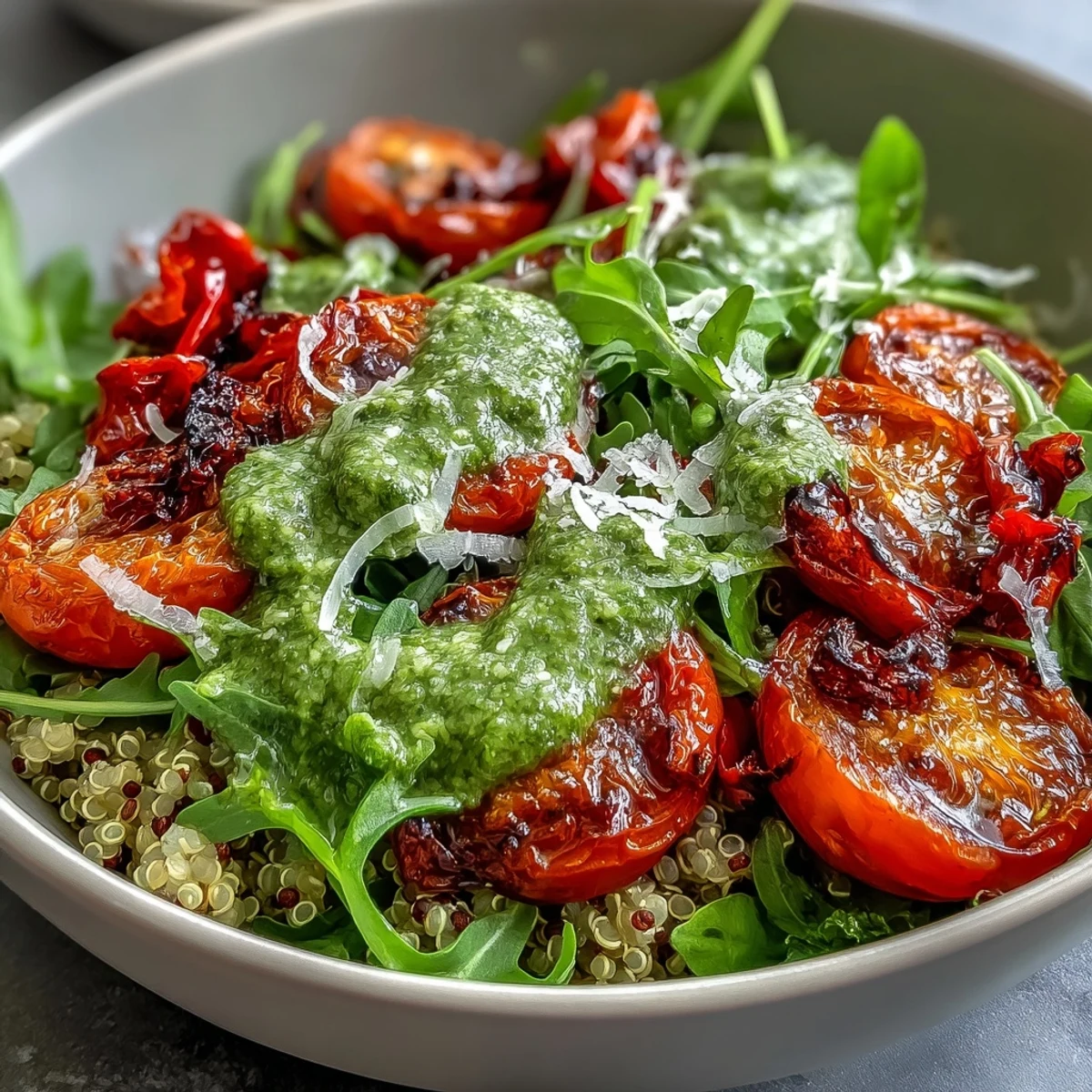 Close up on the Arugula Pesto Bowl, highlighting toasted pine nuts and glistening olive oil over colorful vegetables.