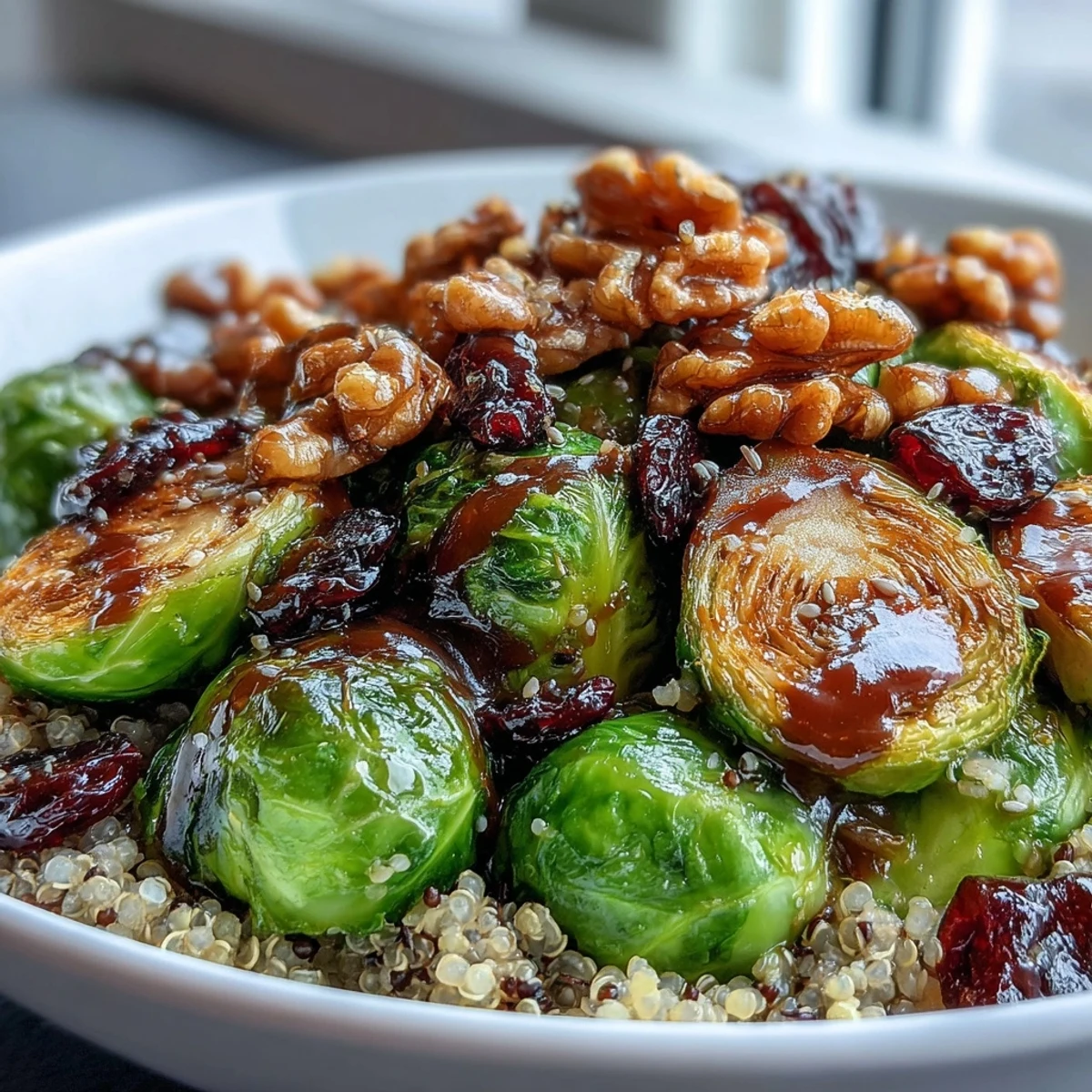 Golden roasted Brussels sprouts with caramelized edges and red onion slices piled high over fluffy quinoa in a nourishing bowl.