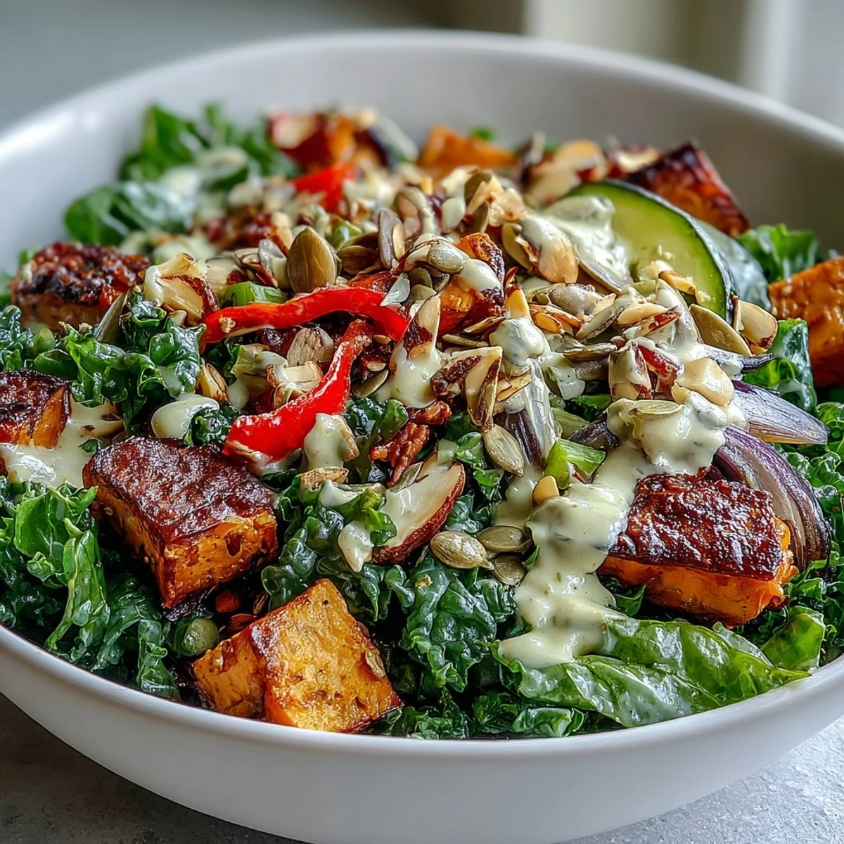 A nourishing Kale Salad Bowl with tender kale, cherry tomatoes, and a lemon-tahini dressing, served in a rustic bowl.