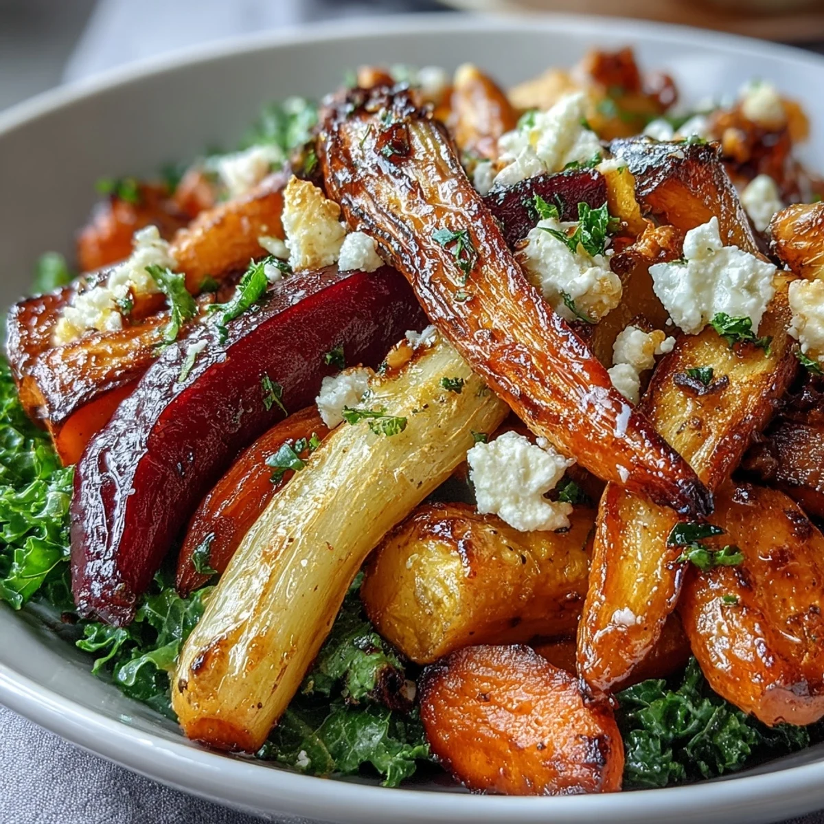Golden roasted root vegetables like carrots, parsnips, and sweet potato piled high over massaged kale in a bowl.