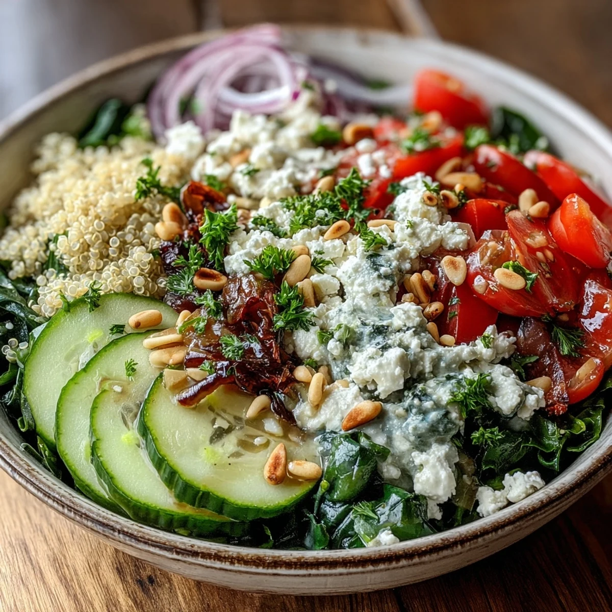 Warm Spinach and Feta Grain Bowl drizzled with lemon dressing, featuring quinoa and colorful vegetables for a healthy meal.
