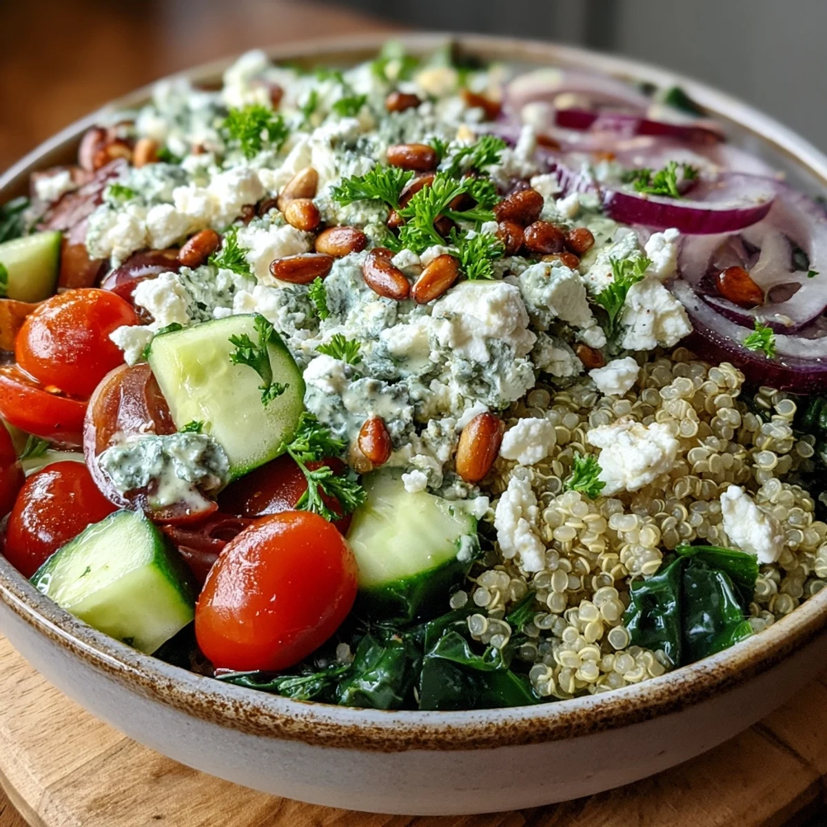 A vibrant Spinach and Feta Grain Bowl topped with sautéed spinach, creamy feta, and fresh cherry tomatoes and cucumber.