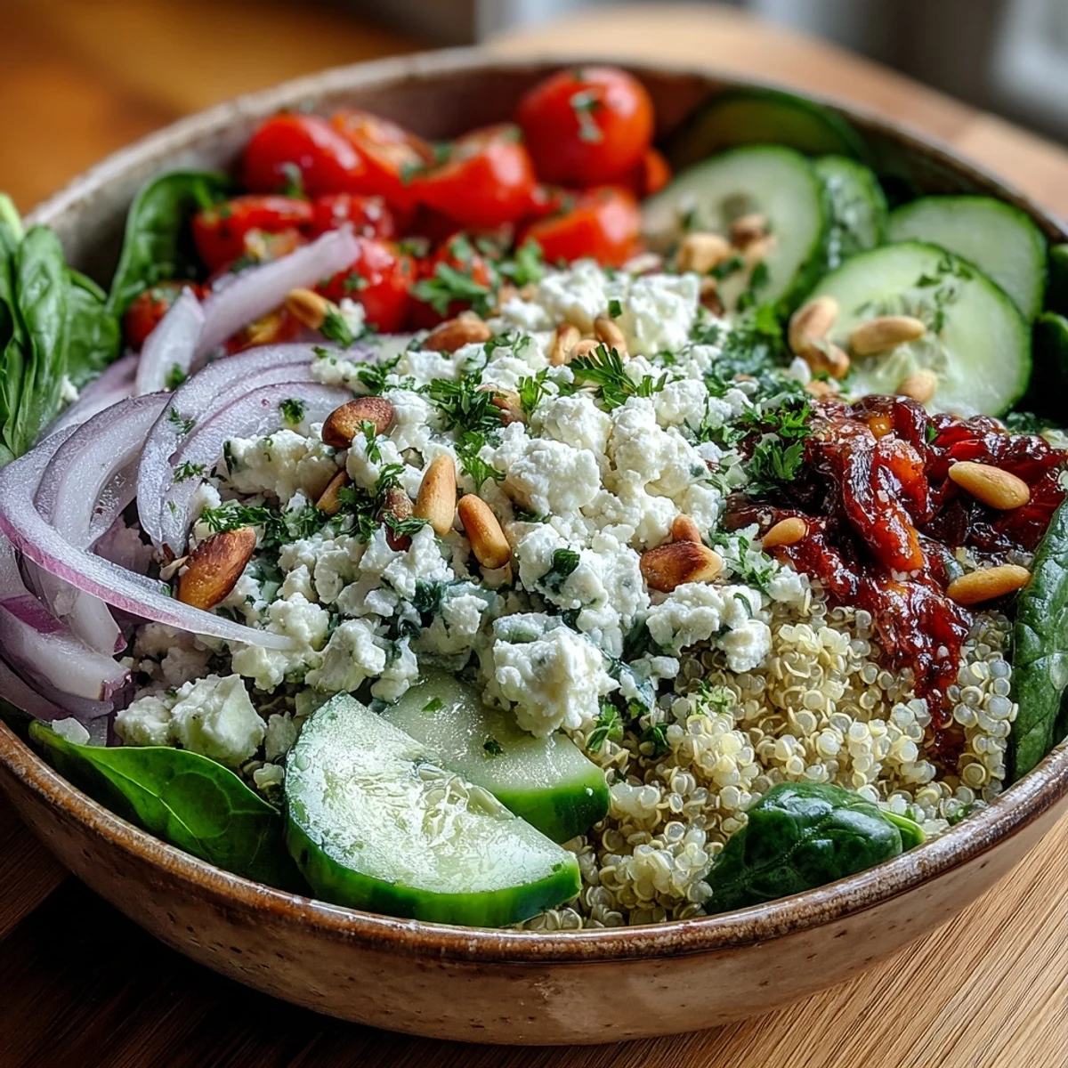 Hearty Spinach and Feta Grain Bowl garnished with parsley and pine nuts, ready to serve as a nutritious dinner.