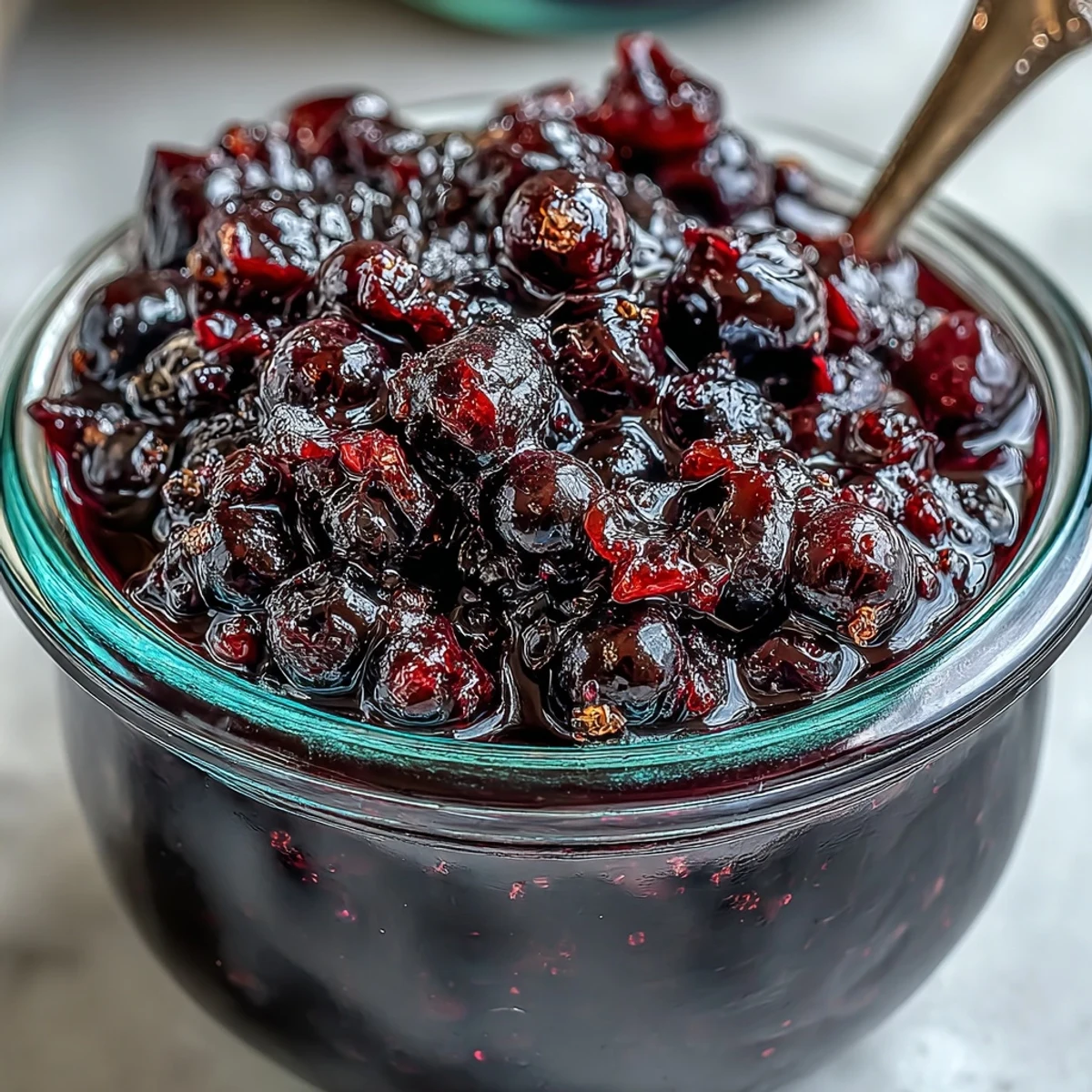 Clear jar showing the Easy Blackcurrant Liqueur infusion process, with crushed blackcurrants, sugar, and rum soaking.