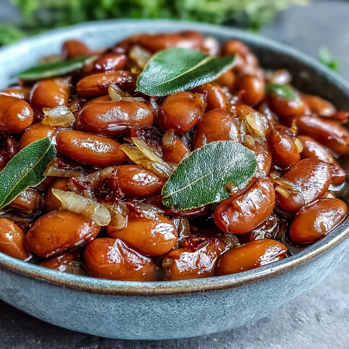 Slow-simmered Pinto Beans with onions, garlic, and bay leaves, served warm in a rustic bowl.